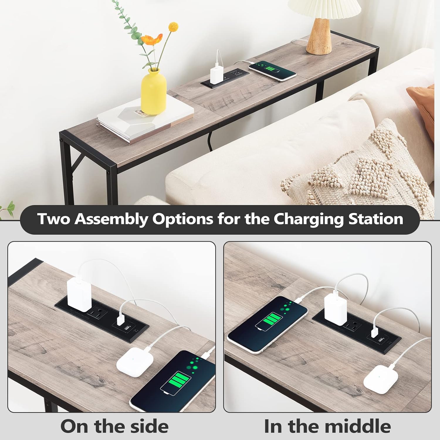 MAHANCRIS Sofa Table with Power Outlet, 43.7" Console Table with USB Ports, Behind Couch Table, Entryway Table for Living Room, Entryway, Foyer, Metal Frame, Adjustable Feet, Greige CTHG11E01Z1N1