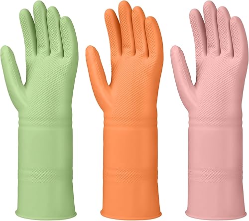 Guantes de goma para lavar platos, 3 pares de guantes de cocina antideslizantes reutilizables, guantes de látex para lavar platos