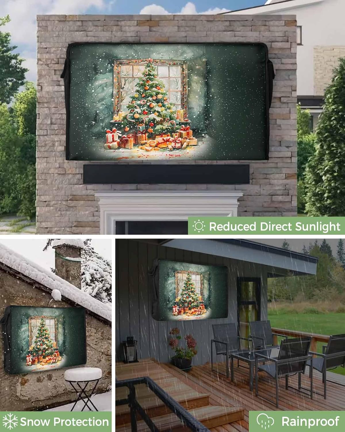 Christmas Tree Outdoor TV Cover 40"-43" - 600D Waterproof TV Cover Weatherproof TV Screen Protector Dustproof Winter Xmas Balls Candy Snow Green TV Display Protector for Outside Flat Screen TV