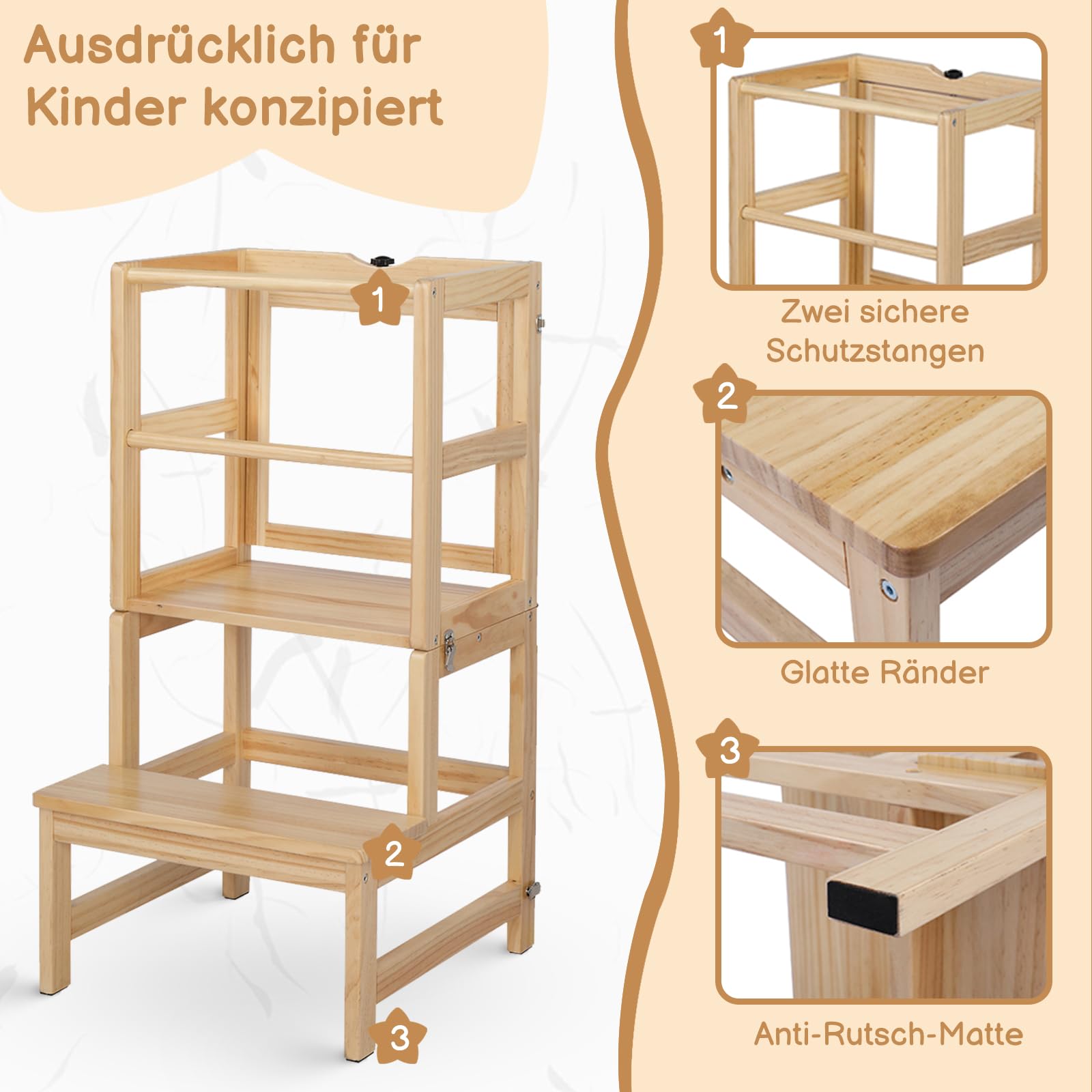 LALAHO Lernturm ab 1 Jahr，Tritthocker Holz，Lernturm Klappbar mit rutschfeste Matte，Montessori Inspiriert，Für Küche & Bad（Natur）