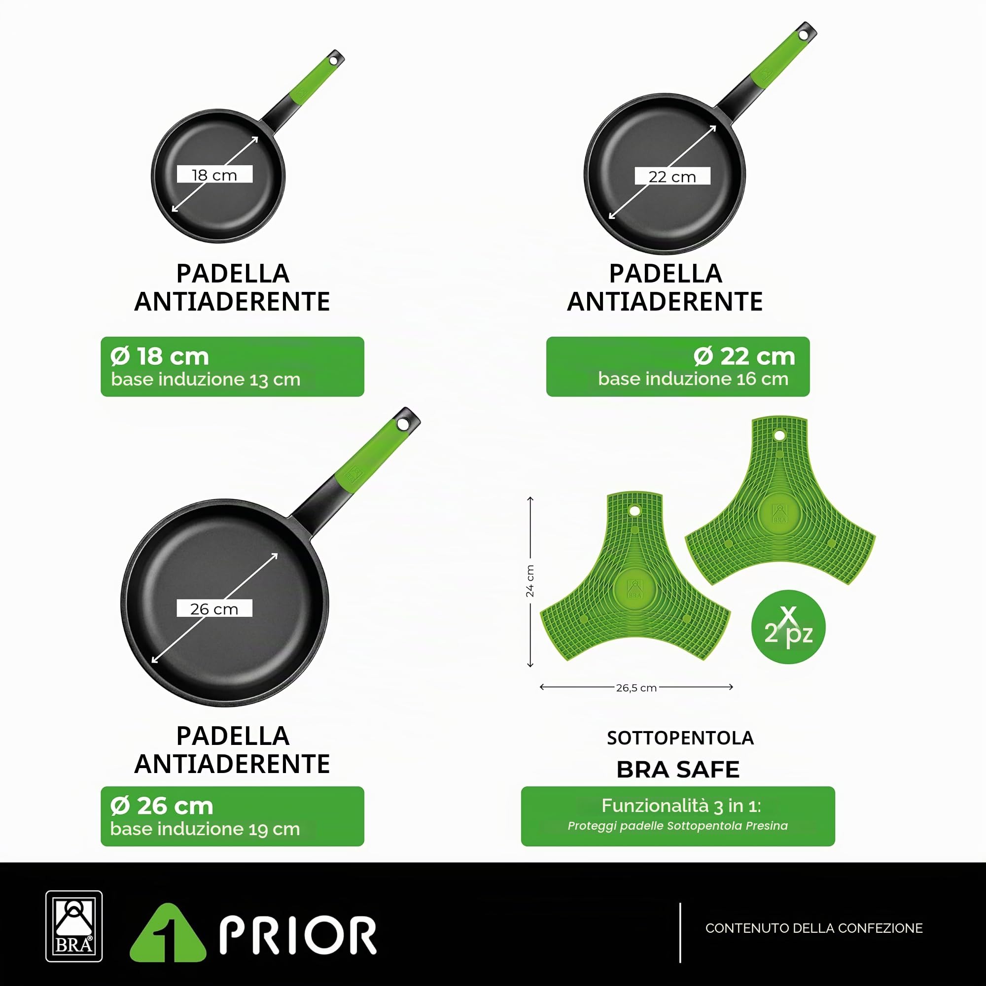 BRA Prior | Set di 3 padelle antiaderenti in alluminio fuso, 18-22-26 cm, con 2 sottopentola Safe verdi, adatte a tutti i piani cottura, induzione inclusa
