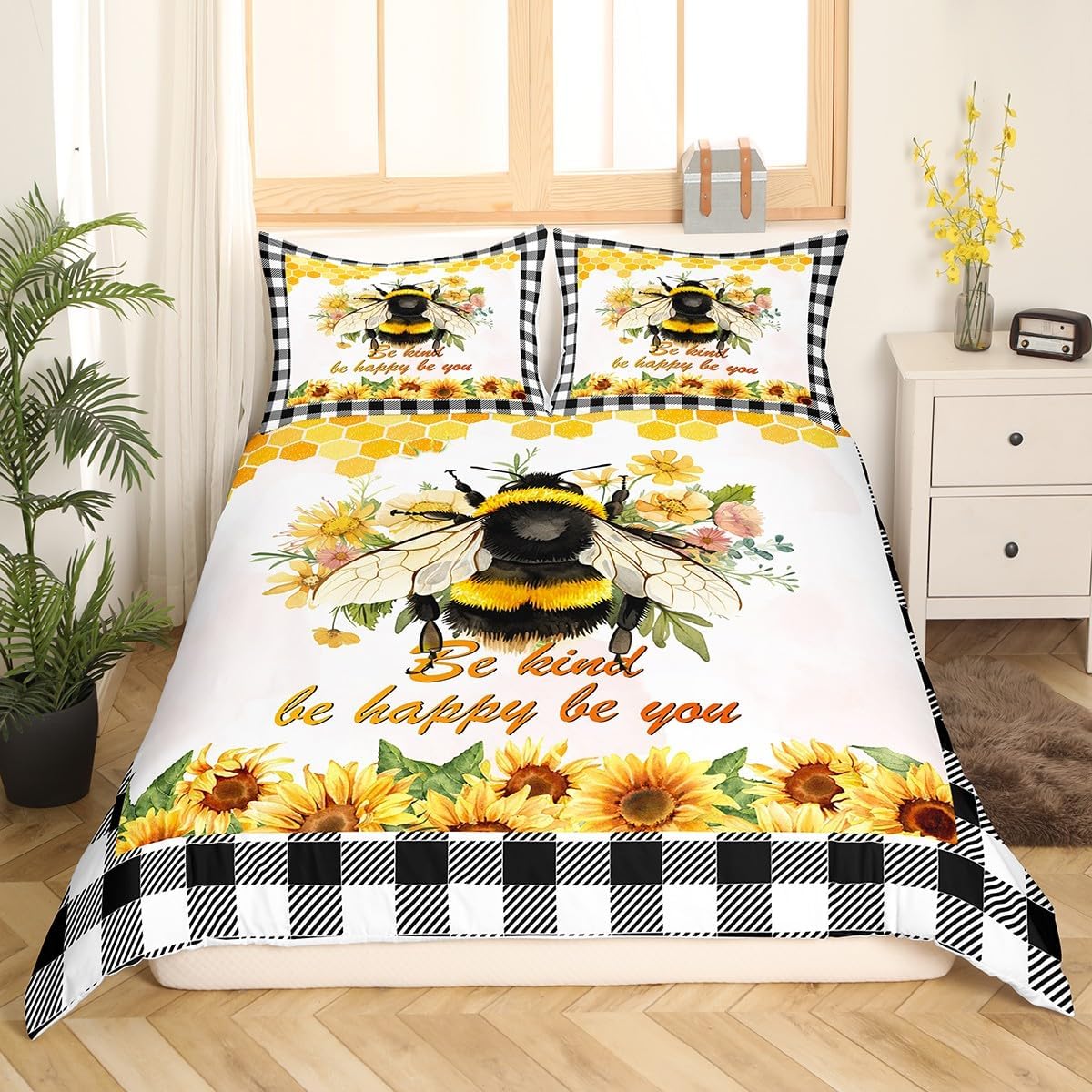 Feelyou Yellow Bee Bedding Set for Girls Boys Honeycomb Bee Comforter Cover Queen Bee Wooden Texture Duvet Cover Cute Bee with Flower Bedspread Cover 2Pcs with 1 Pillow Case Twin Size (No Comforter)