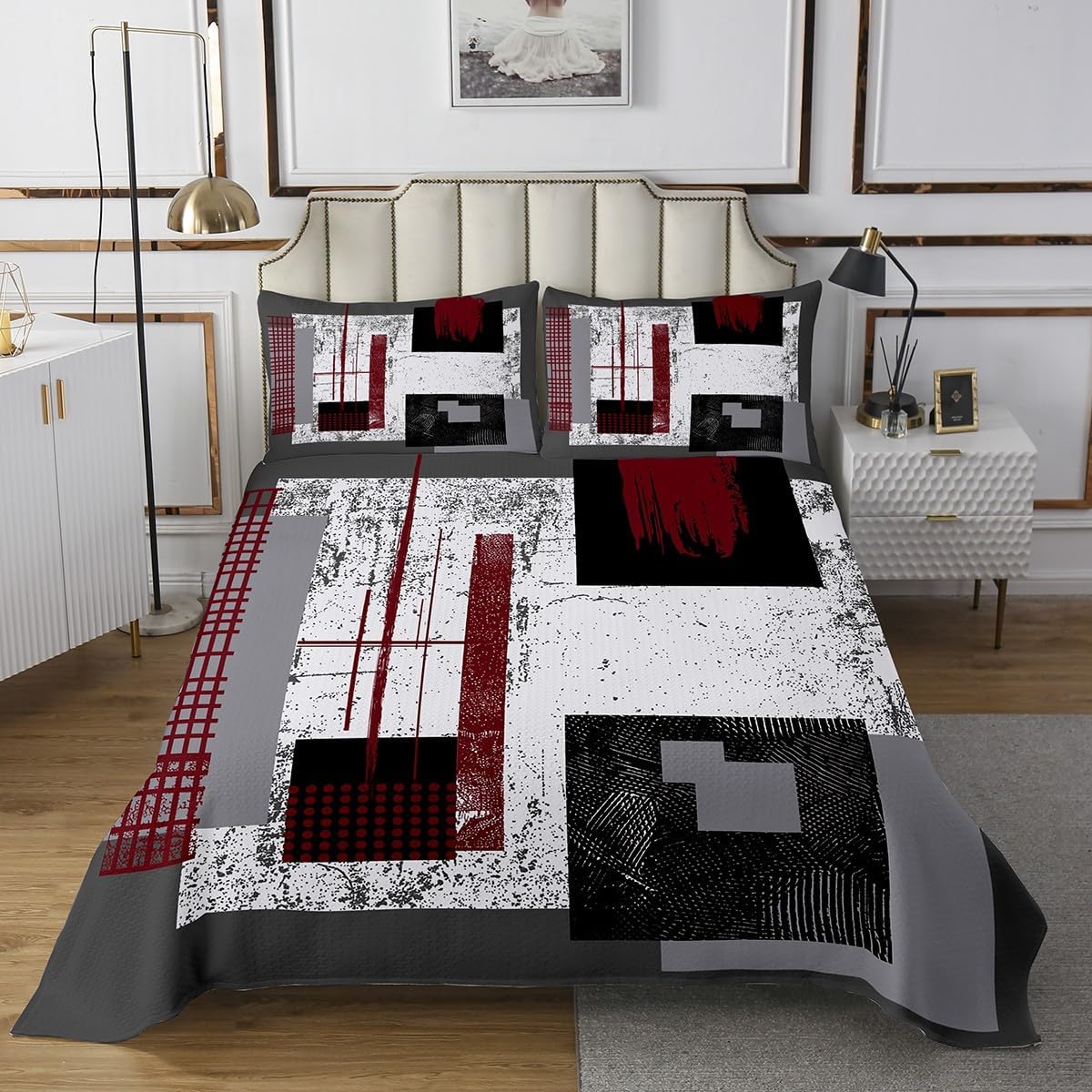 Erosebridal Abstract Ombre Bedspread Set King,Grey White Black Red Coverlet Set Vintage Lines Striped Quilt Set,Geometric Quilted Grunge Oil Painting Watercolor Graffiti Decor