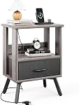 Nightstand with Fabric Storage Drawer with 2 Tiers Storage Space with Outlet, Wooden Bedside Table End Table with Matel Legs Night Stand for Bedroom Office, Grey