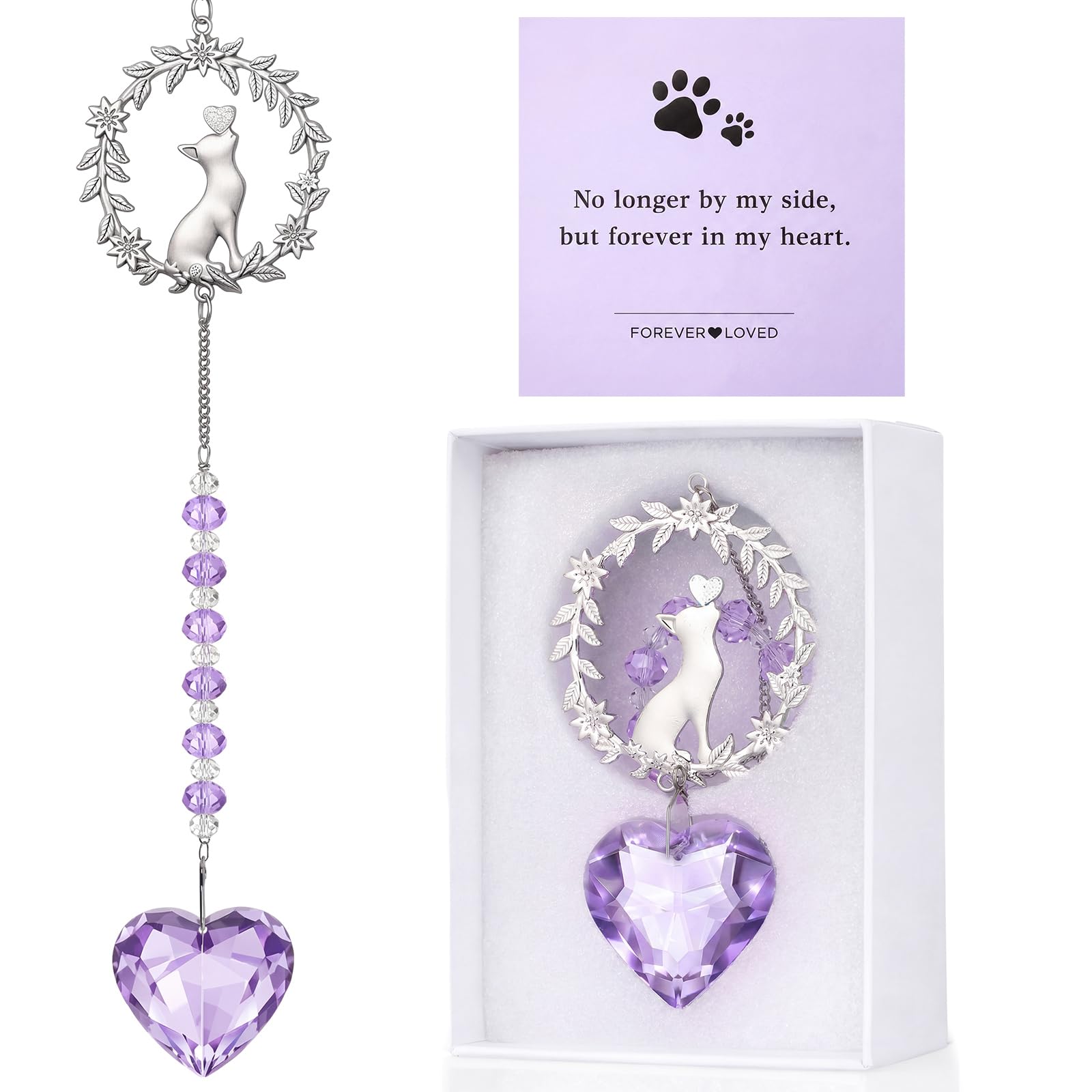 Kenning Pet Memorial Suncatcher Cat Memorial Gifts for Loss of Cat Sympathy Gifts Pet Remembrance Sun Catcher Bereavement Passing Away Remembrance Crystal Suncatcher Hanging Window Ornament (Purple)