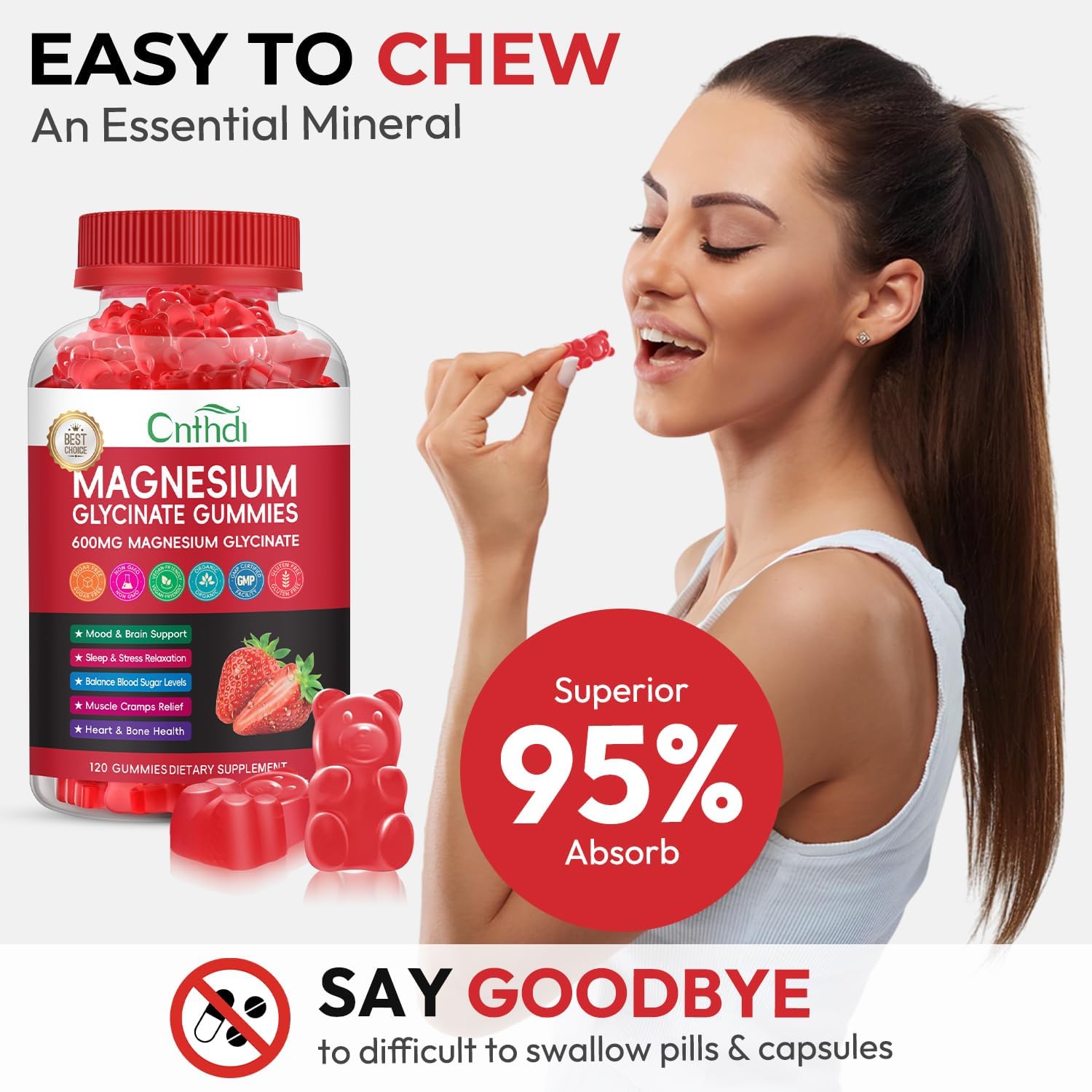 Magnesium Glycinate Gummies Sugar Free for Kids & Women, High Absorption Magnesium and Potassium, Calcium, B6, D3, Chews Gummies, Relaxation, Stress Relief, Night Rest - Image 6