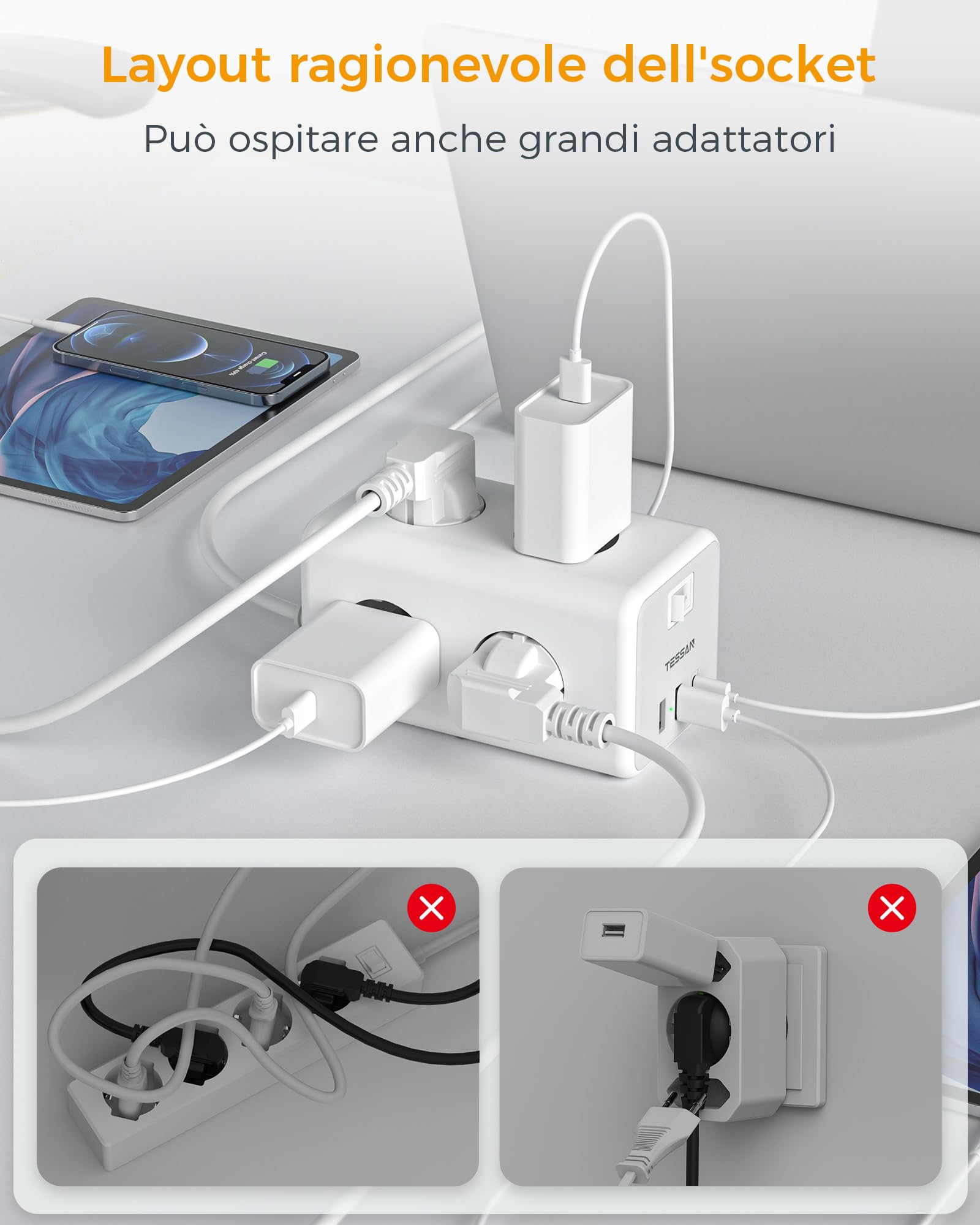 TESSAN Ciabatta Multipresa con USB C e 6 Prese, 9 in 1 Ciabatta Elettrica con Interruttore, 3600W Presa Multipla Cavo 2M, Multipresa da Scrivania per Casa e Ufficio