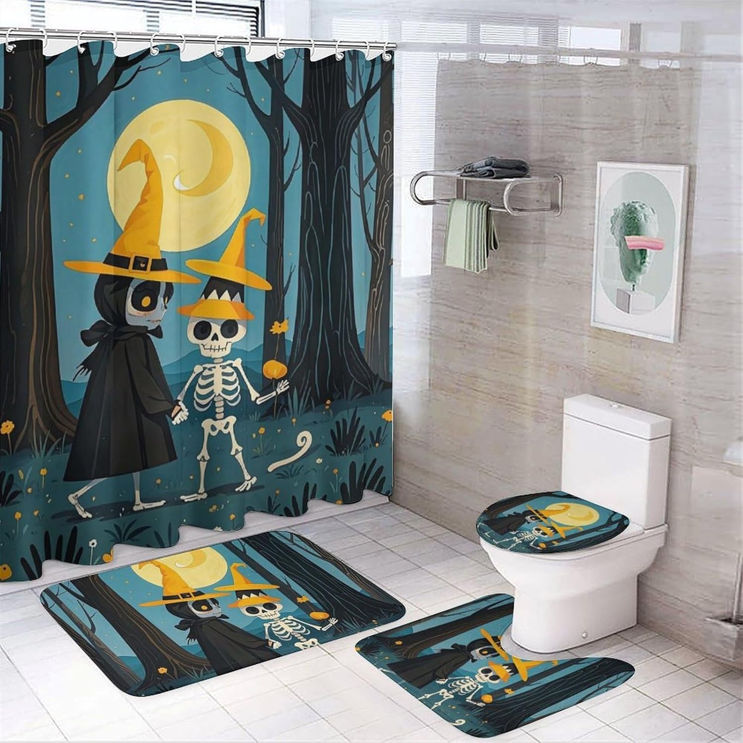 The Skull Witch Shower Curtain Set 4 Piece, Non-Slip Bath Mat with Toilet Lid Cover and Waterproof Shower Curtain with 12 Hooks, Complete Bathroom Set for Home Decor