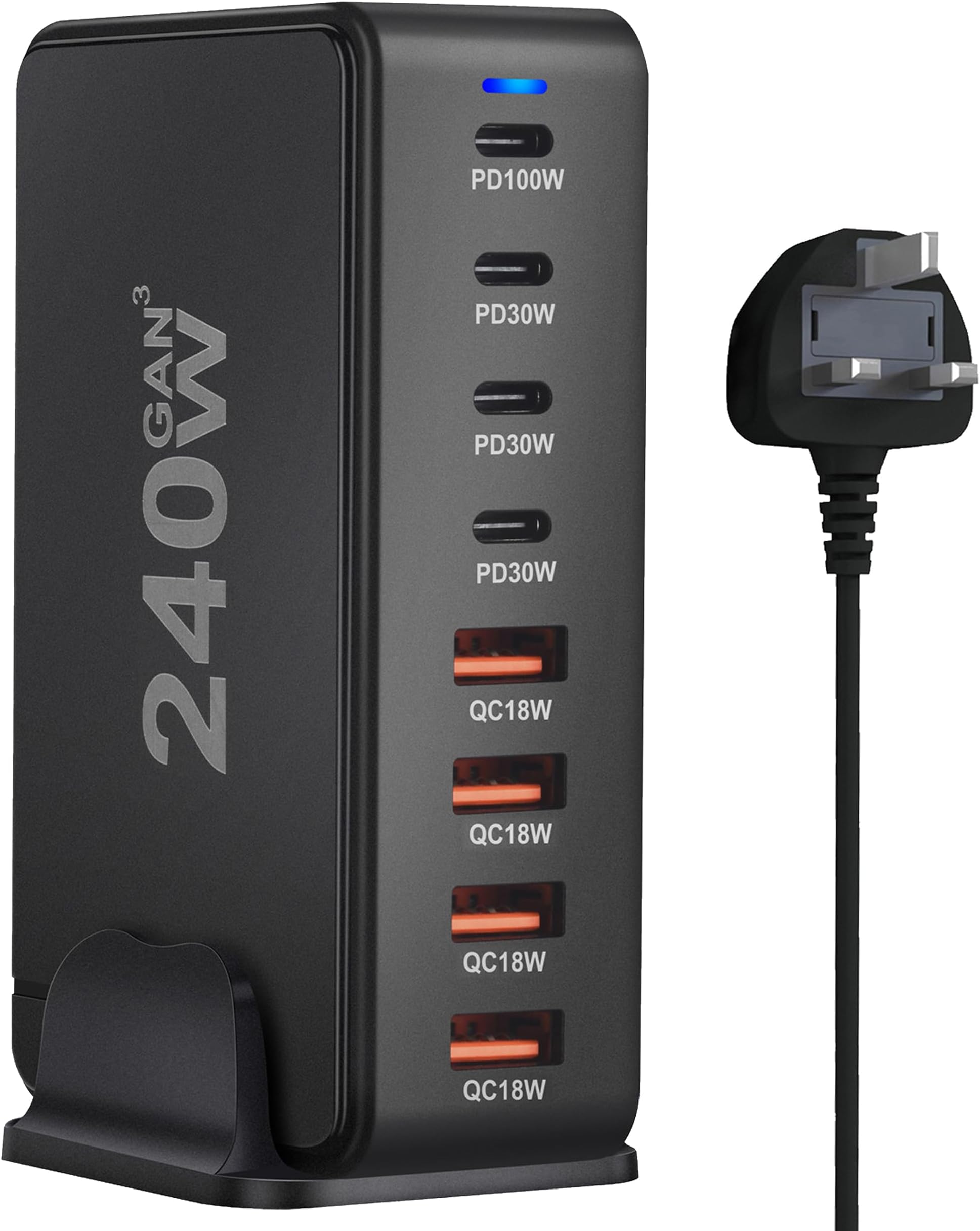 infino 240W USB C Charger Charging Station - 4 Type-C Ports (100W, 3x 30W) and 4 USB Ports (QC18W) - GaN Technology - Certified for Macbook, iPhone, Galaxy, iPad, Honor and More - 1.5m Power Cord