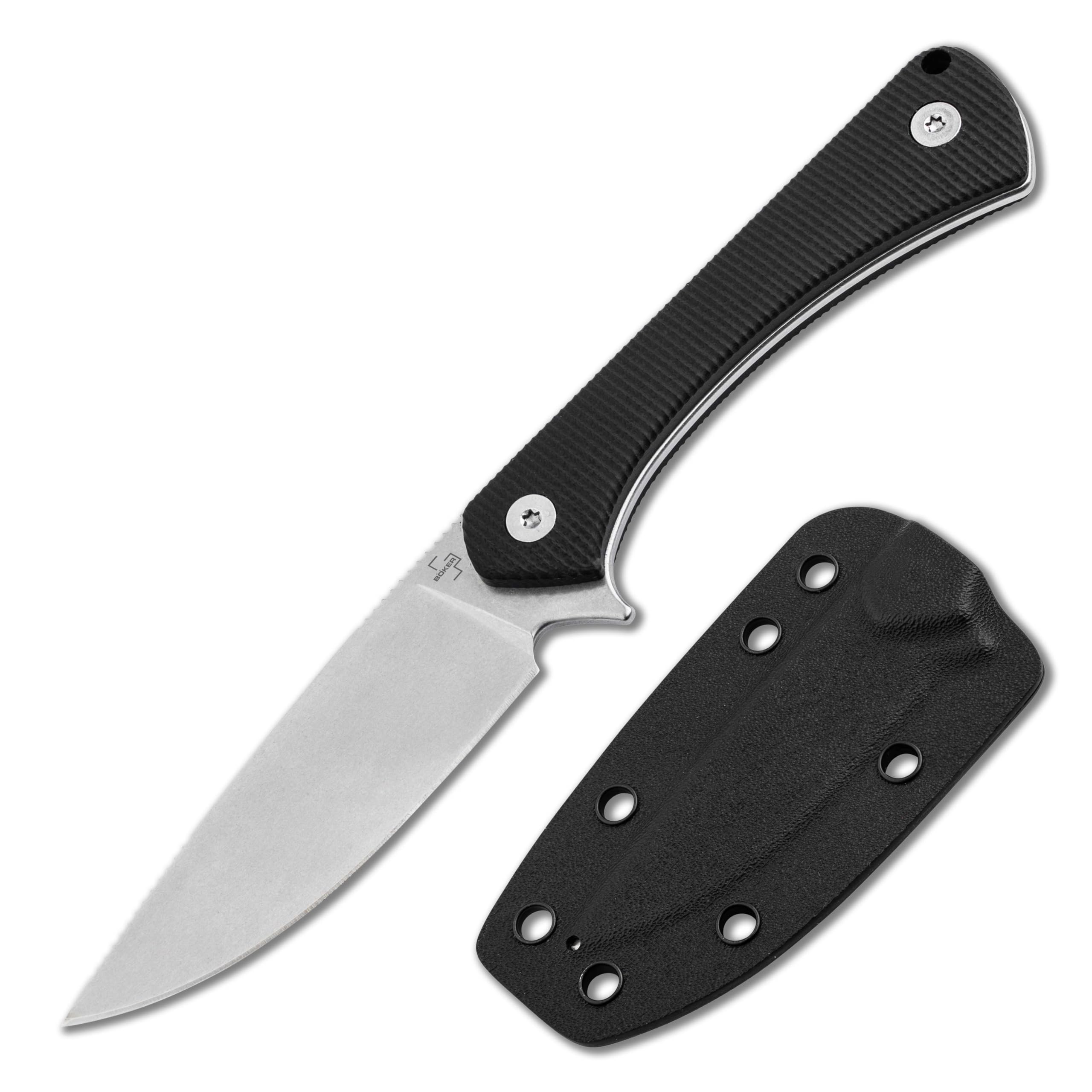 BÖKER PLUS® Brasa – EDC Messer mit feststehender Klinge 42a konform – Fulltang Jagdmesser mit G10 Griff schwarz & Kydex-Scheide – leichtes Backup Gürtelmesser mit 7,2 cm Droppoint Klinge