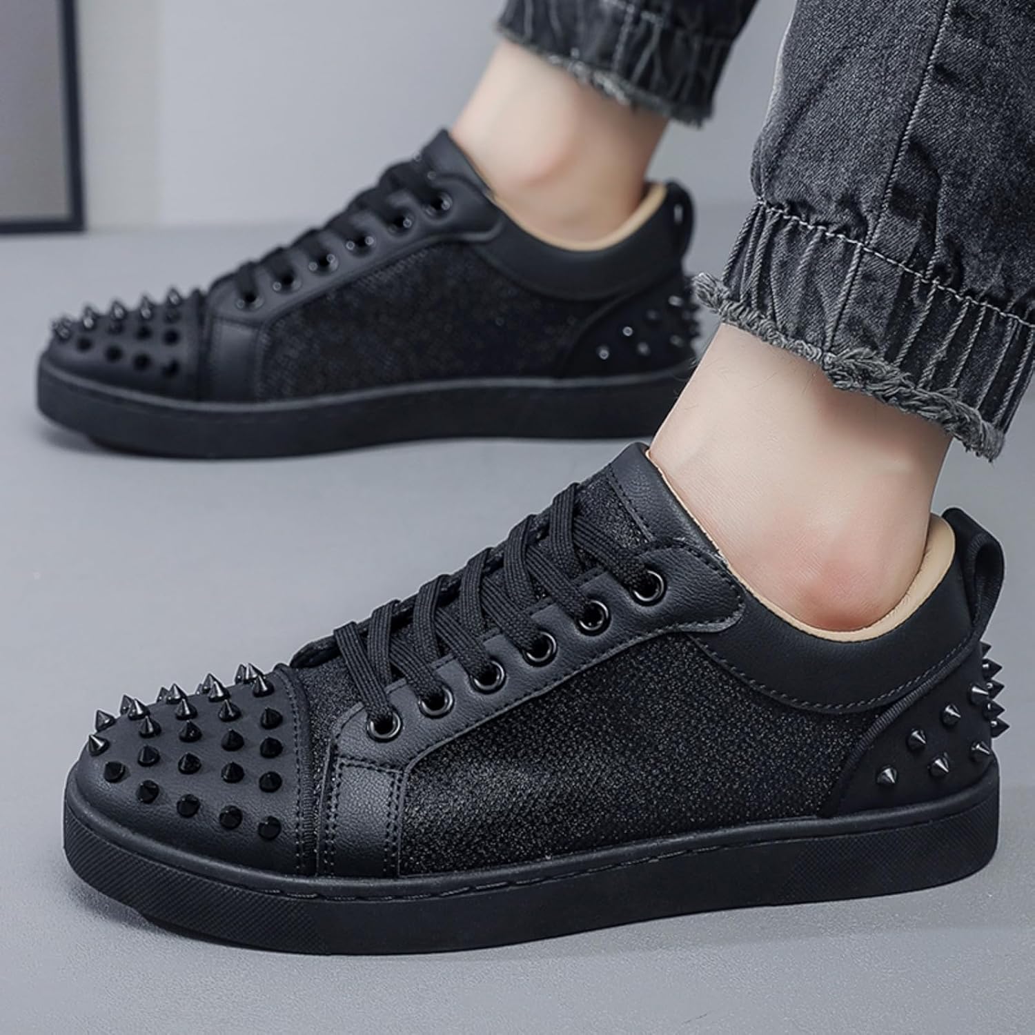 Men's Punk Studded Lace Up Sneakers with Metal Rivets & Fabric Upper - Breathable Low Top Casual Shoes for Street Style Nightlife and Everyday Wear