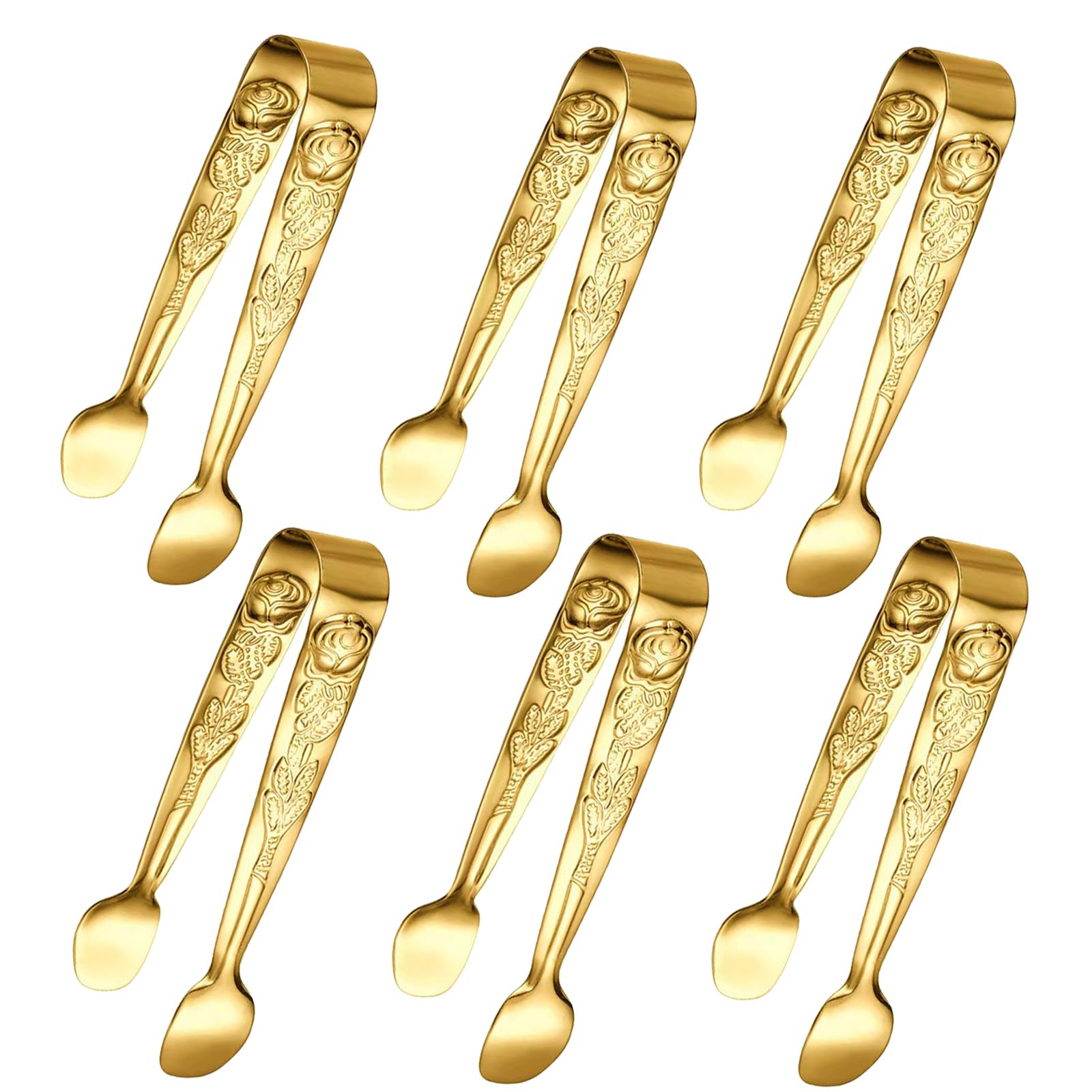 6PCS Mini Serving Tongs, 4Inch Rose Stainless Steel Sugar Cube Tong, Sliver Small Ice Tongs for Tea and Coffee Party, Appetizers, Desserts by Sunenlyst (6PCS Gold)