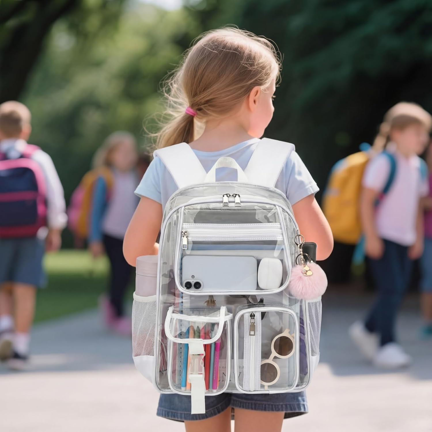 Clear Backpacks for Girls Women, Heavy Duty PVC Transparent School Bookbag See Through Back Pack for College Work Travel (White)