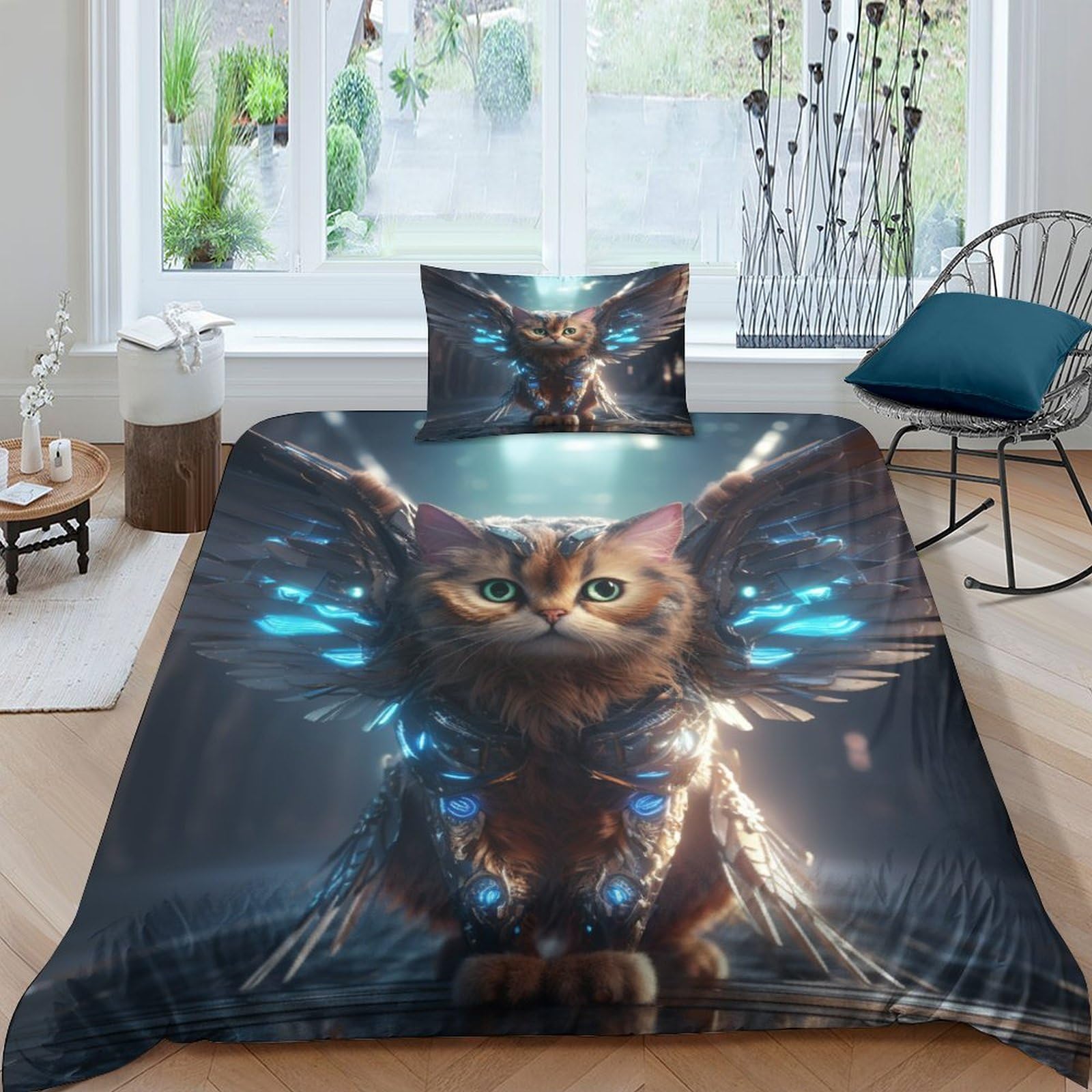 Parure de lit chat 3D 135x200cm avec housse de couette en microfibre souple et taie d'oreiller