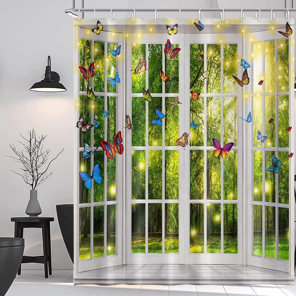 Spring Scenery Shower Curtain Tropical Green Jungle Forest Colorful Butterfly Window Outside Nature Landscape for Bathroom Decorations Waterproof Shower Curtains Set with Hooks, 72x78 Inch