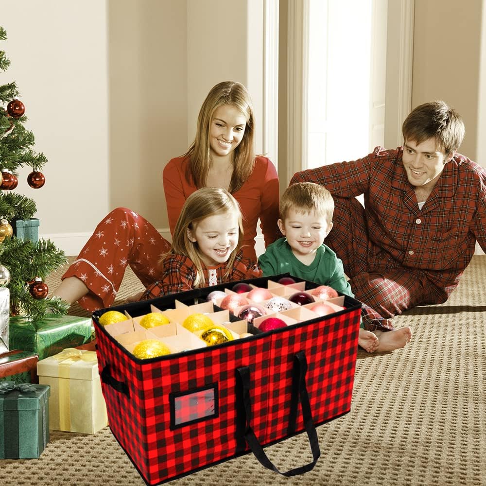 Large Christmas Ornament Storage Container Box, Fits up to 128 Ornaments, Holiday Xmas Ornaments Box with Zipper Closure（Red and Black）