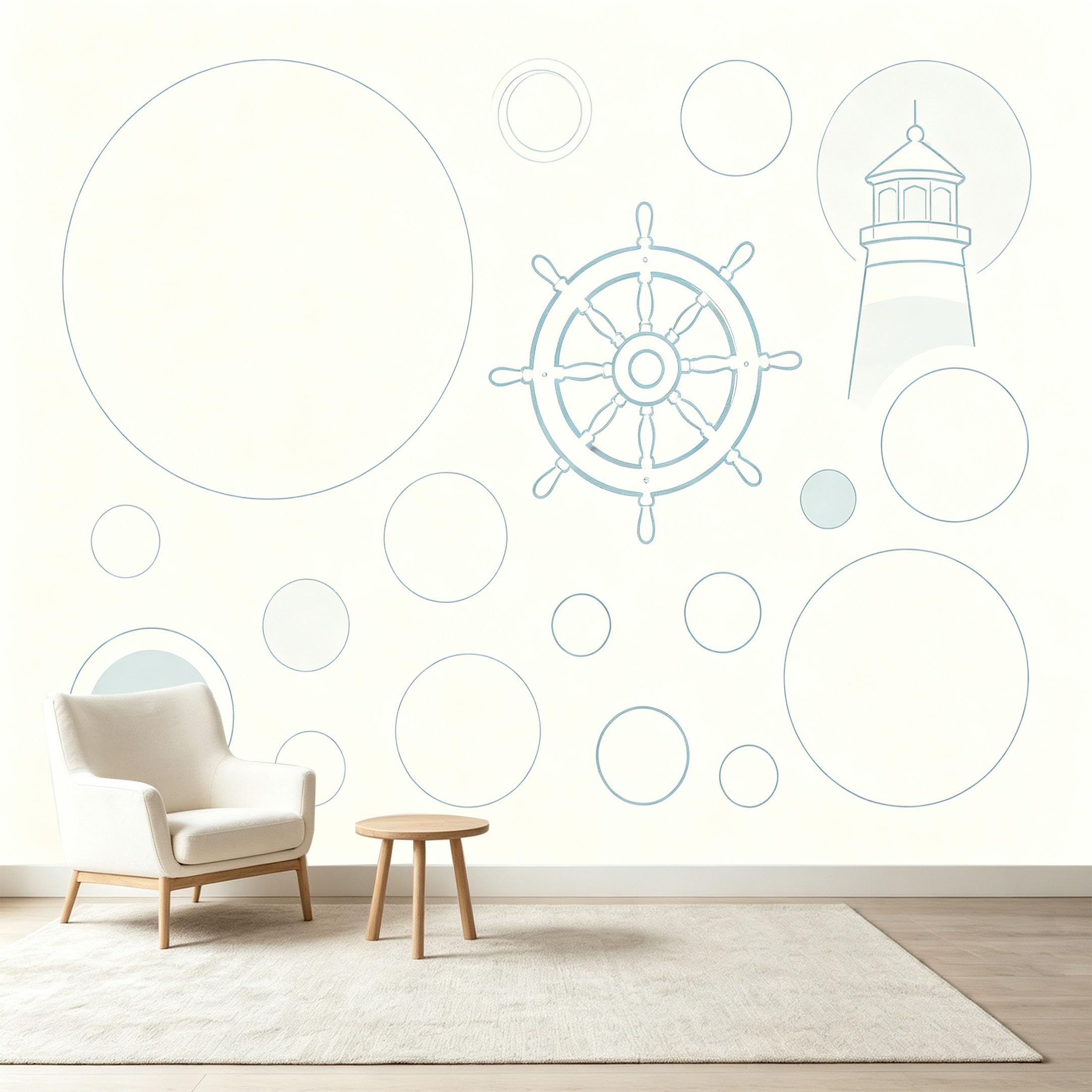 Custom Size Wall Murals Nautical Lighthouse Ship Wheel Minimalist Line Art Self-Adhesive Wall Fabric Removable Wallpaper Wall Decor for Living Room Bedroom Bathroom