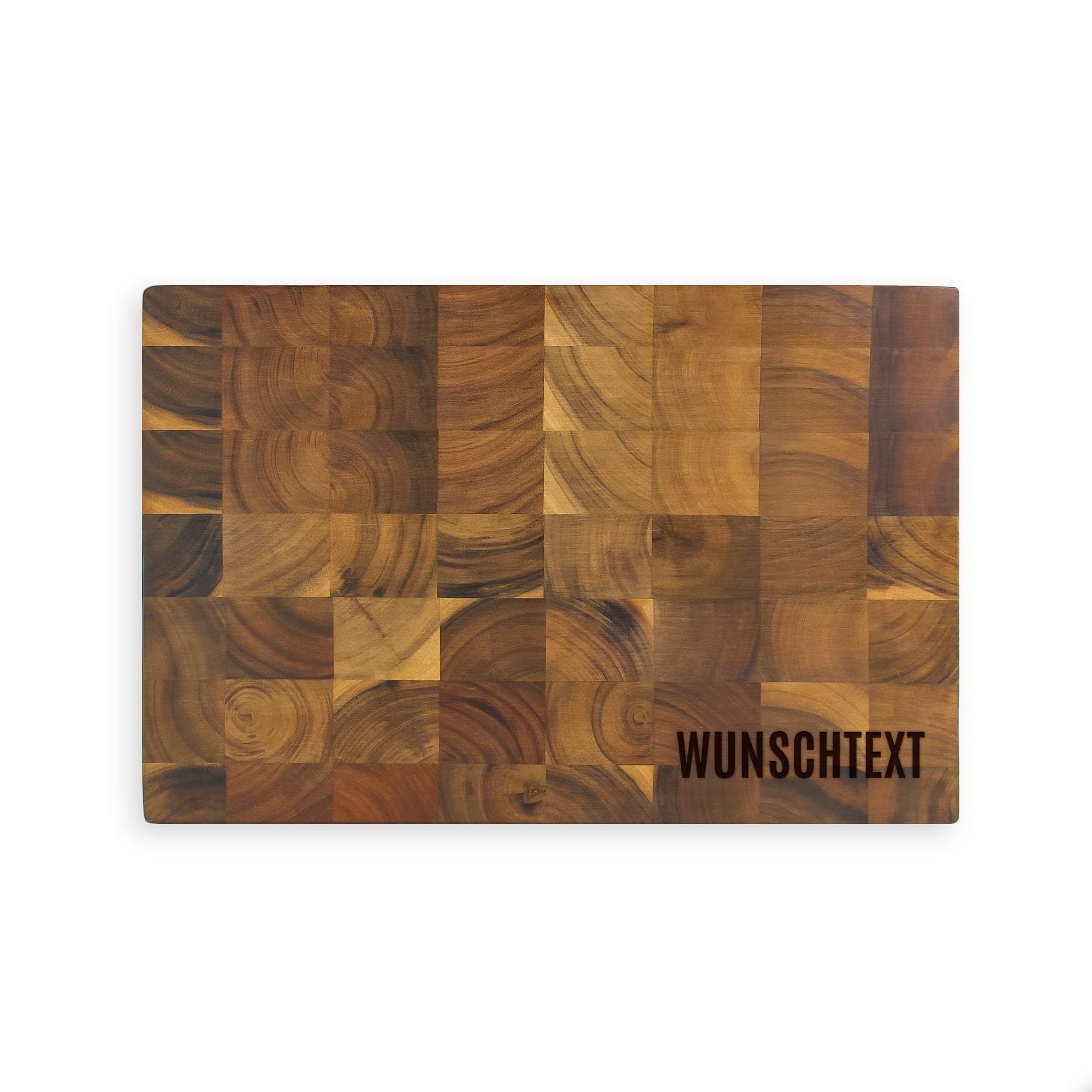 Stirnholz Schneideblock Akazie mit Griffmulden und Wunschtext, Profi Schneidebrett Endgrain, Geschenkidee zum Einzug oder zum Geburtstag, 36x24x3 cm