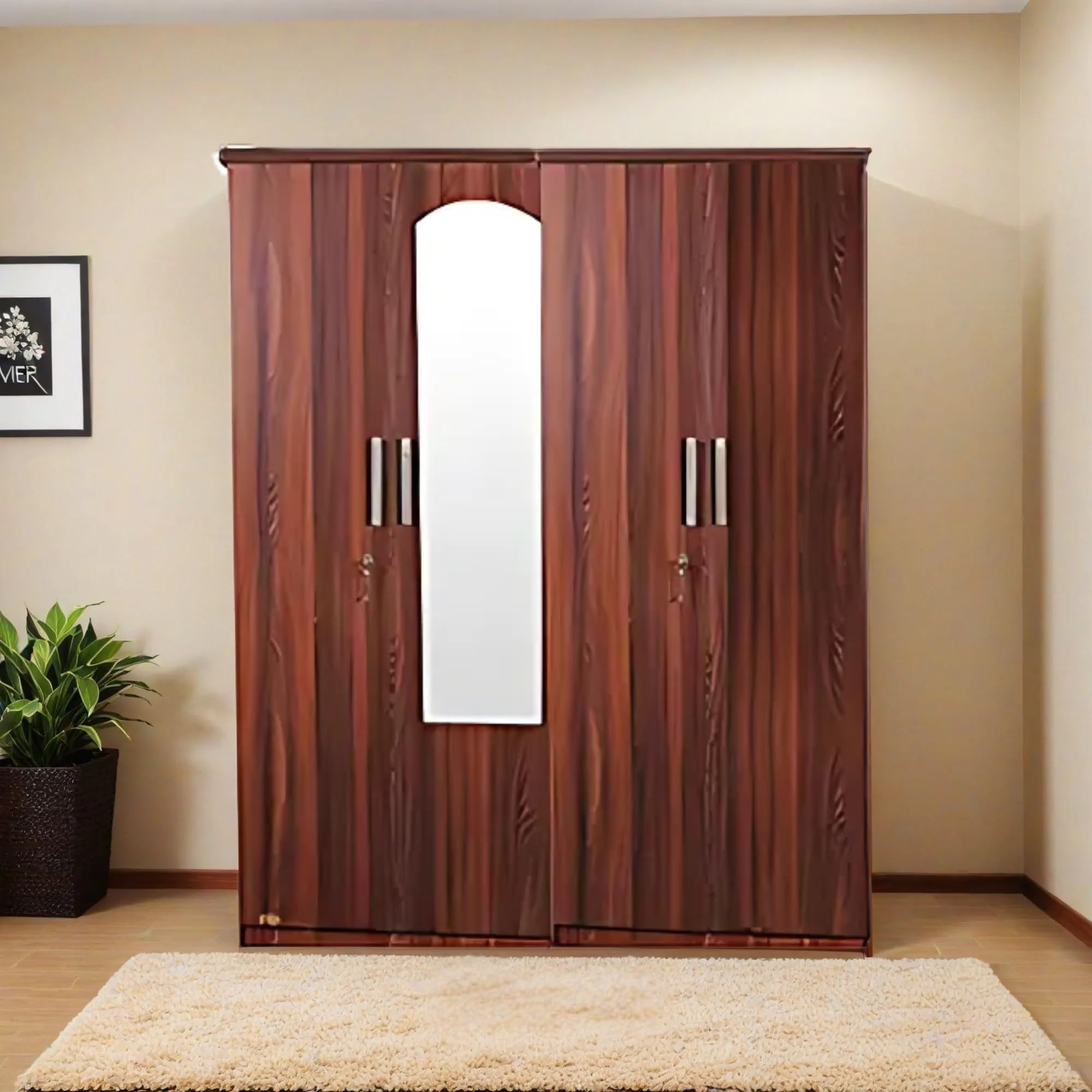 CASPIAN Engineered Wood 4 Door Wardrobe (Streak Texture) | Furniture with Dressing Mirror | Cupboard/Almirah for Bedroom Clothes Storage Organizer with 10 Shelves & 4 Key Lock Drawers-image-10