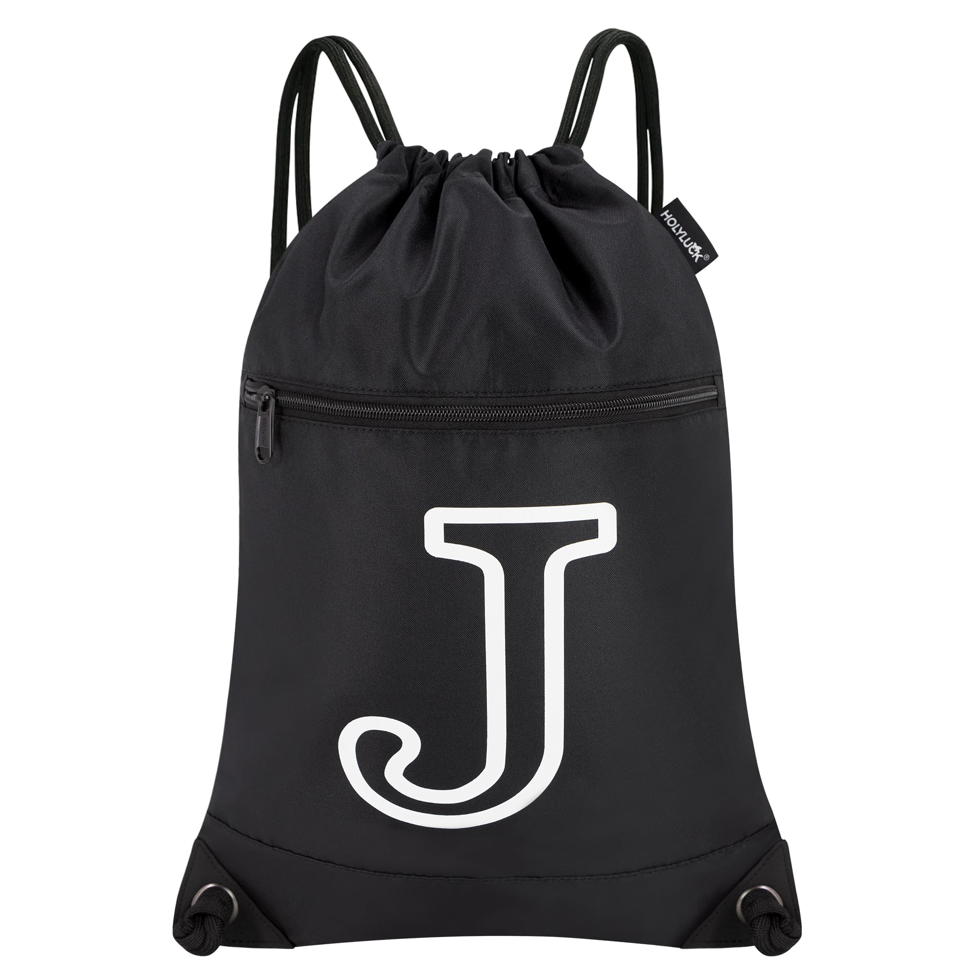 HOLYLUCK Drawstring Bags Initial Backpack Sackpack Cinch Bags for Sports, Gym, Travel, Beach (Black-J)