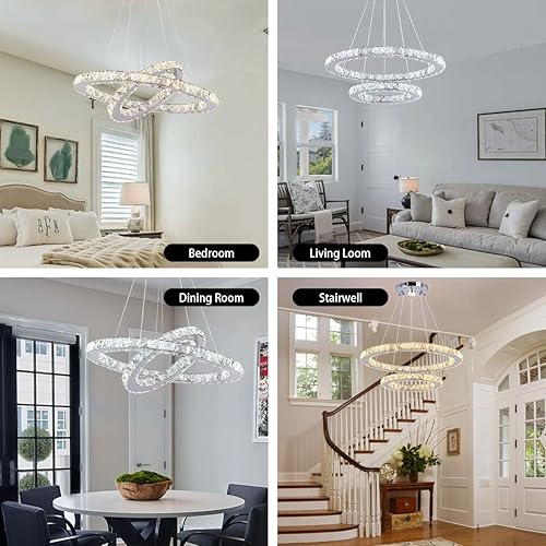 Miniatura 2 de TongLan Lámpara LED moderna de cristal de 19.7 x 11.8 pulgadas, lámpara colgante de techo, 2 anillos, accesorios de iluminación de acero inoxidable