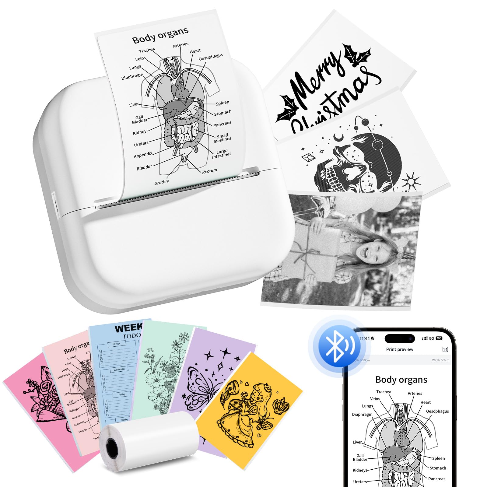 Memoking Mini Imprimante Thermique - M02L Petite Bluetooth Mini Imprimante Portable Stickers Autocollant avec 1 Rouleau de Papier, pour Les Photos, Apprentissage, Plaisir, DIY, Cadeaux