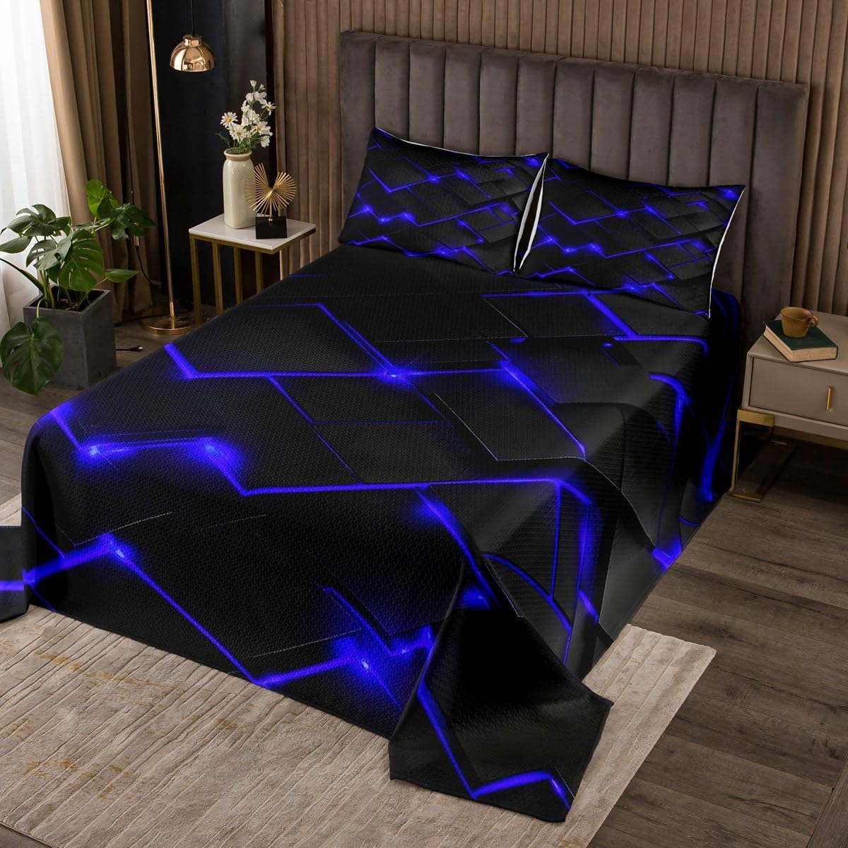 Erosebridal Orange Black Quilt Set for Kids Teens Adults, Neon Geometric Queen Bedspread Set with 2 Pillowcases, 3D Stereoscopic Square Pattern Coverlet Set, Modern Fashion Bed Set