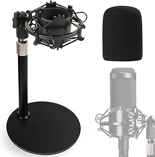 AT2020 Desktop Mic Stand, Adjustable Height Table Microphone Stand with Shock Mount, Pop Filter Windscreen, 1/4 to 3/8 Metal Adapter, Metal Weighted Base, for AT2020 AT2020USB AT2020USB+ AT2035 Mic