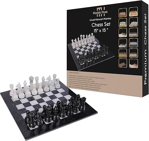 Juego de ajedrez de lujo de 15 pulgadas, tableros de ajedrez clásicos para adultos con tablero de piedra hecho a mano y piezas de ajedrez de mármol,