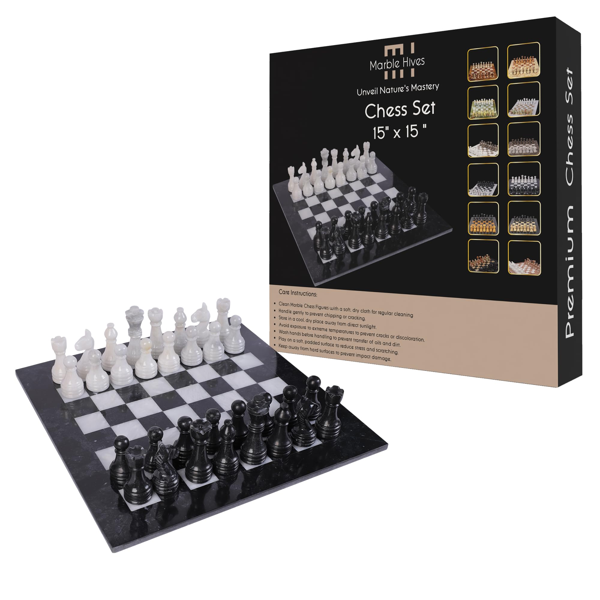 Handmade Marble Chess Set - Luxury Handmade Marble Set – Chess Sets for Adults - Premium Quality Boards -10,12,15 & Only Figures (Black and White) (15 Inch Chess Set)