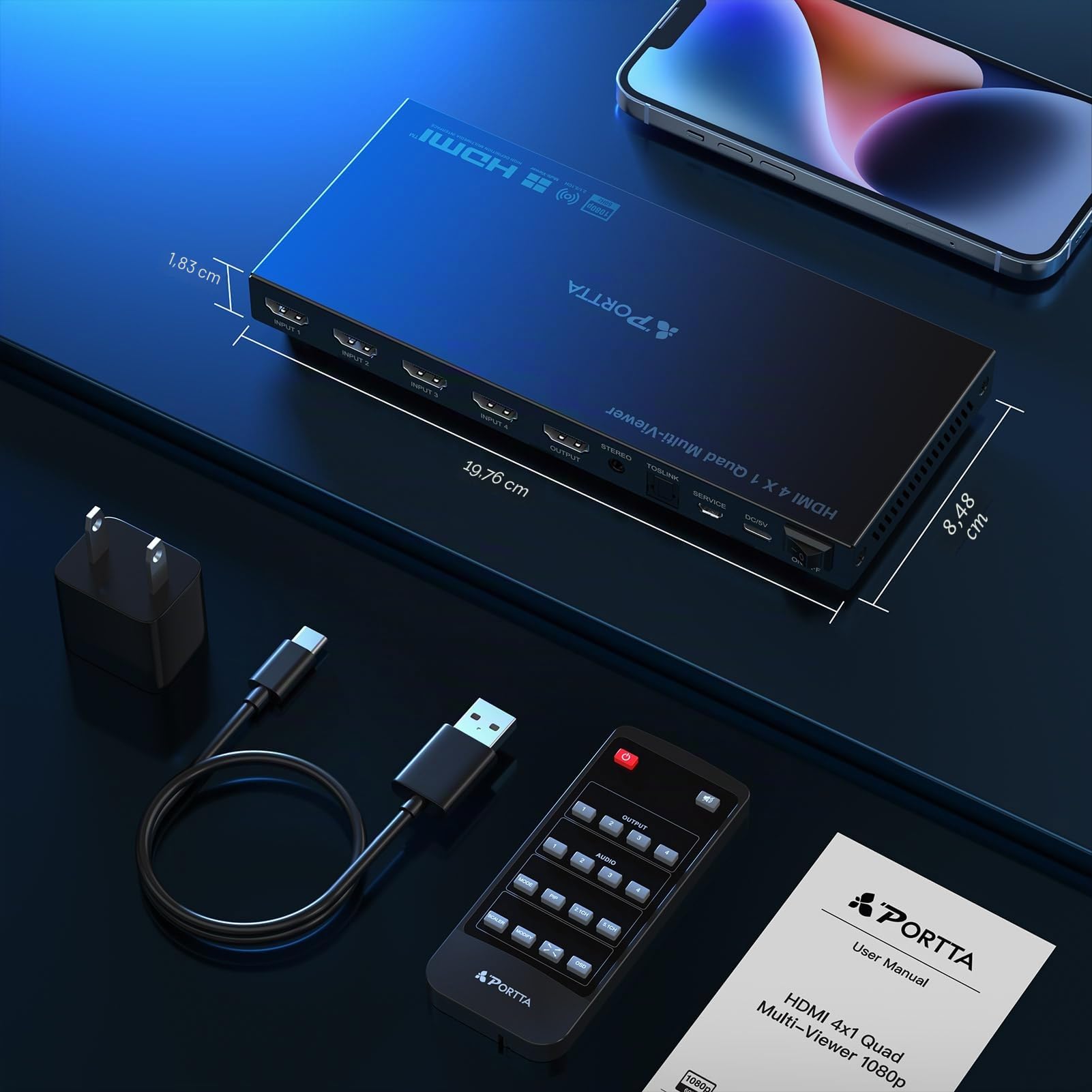 Commutateur HDMI Multiviewer 4x1 avec PIP, Portta Quad Multi Viewer Commutateur sans Couture 4 en 1 avec Toslink, Sortie Audio 3,5 mm Prise en Charge 1080p 60 Hz, 6 Modes de visualisation,