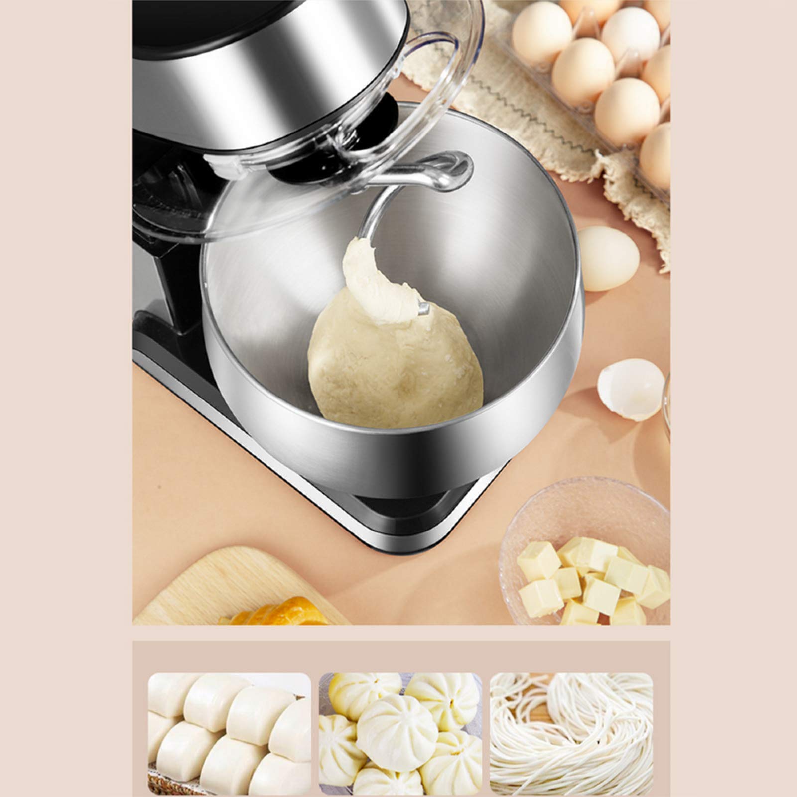 Impastatrice planetaria, planetaria da 1200 W, 6 velocità, 5,5 l, con gancio per impastare, frusta e sbattitore, ciotola per impastare e paraspruzzi rimovibile, argento