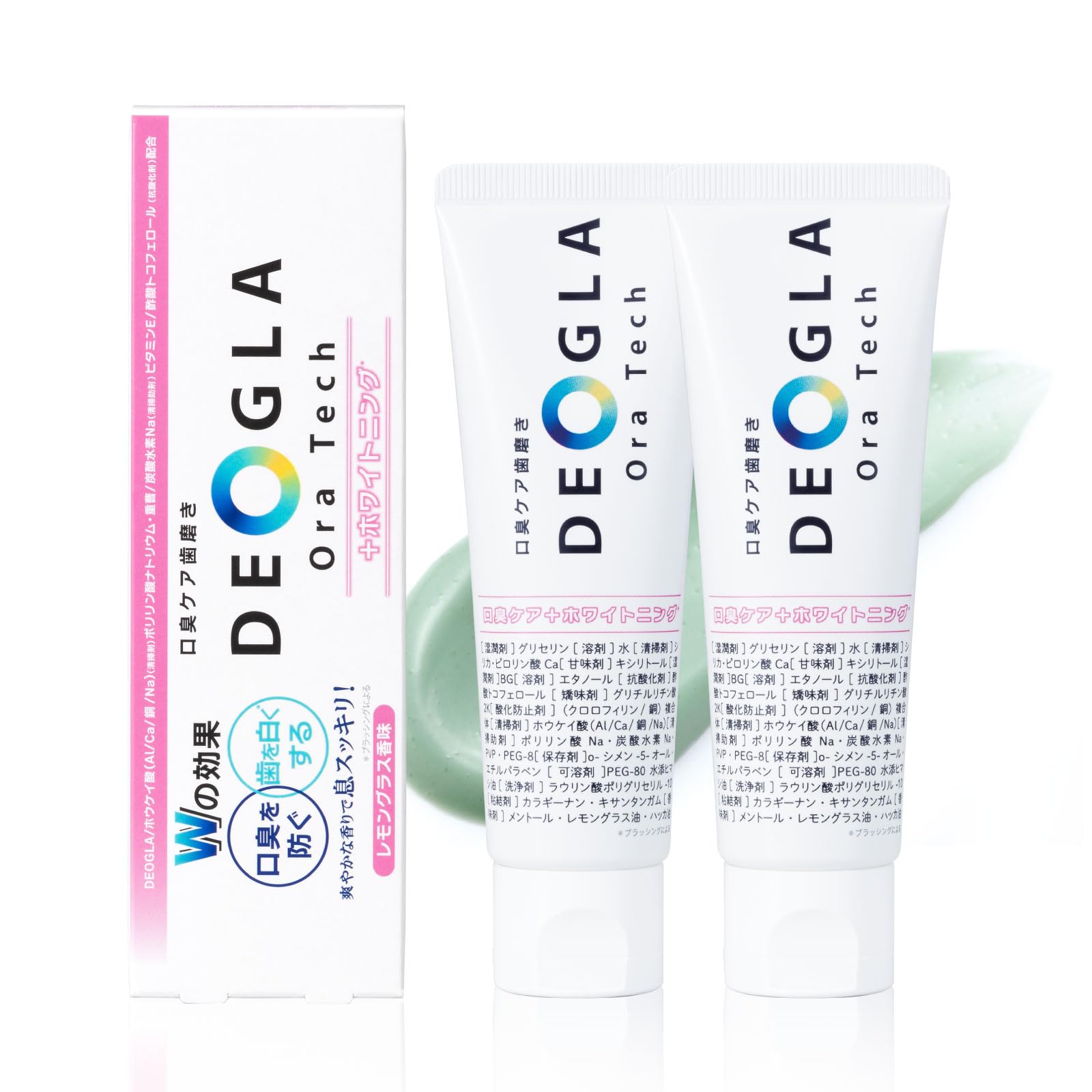【2-Pack】DEOGLA Ora Tech Toothpaste Without Fluoride (100g×2 Tubes) Bad Breath Care Whitening (Made in Japan/Lemongrass Flavor) Suitable for Both Children and Adults 100g×2本