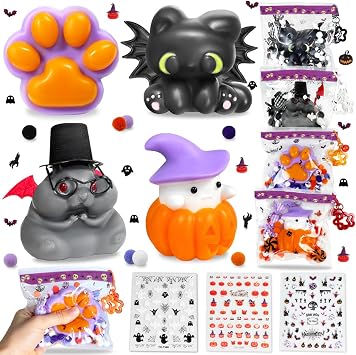 Taba Squishy Toy kit - 4PCS Squishies Play Decor Pack with Keyring & Sticker, Cat Paw Pumpkin Squirrel Shape, Squishy Fidget Toys Set Birthday Party Favors for Girls Boys Gifts