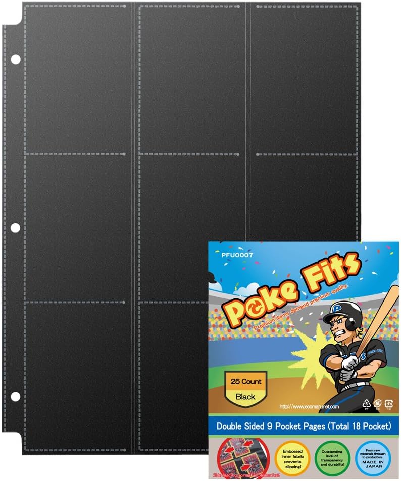 Poke Fits Japan Quality Non Slip Sports Trading Card Protectors Black (25 Count) Double Sided 9 Pockets Page (Total 18 Pockets for a Sheet) for Collecting Card Binder