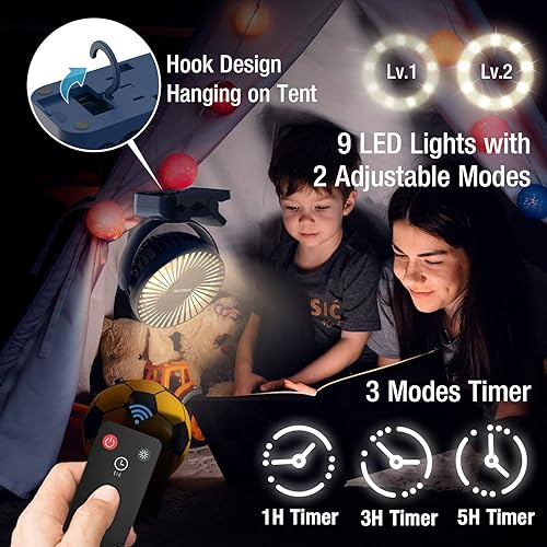 Miniatura 3 de Ventilador portátil con clip de 65 horas de trabajo, ventiladores de campamento con luces LED y gancho, ventilador de batería de capacidad 12000 con