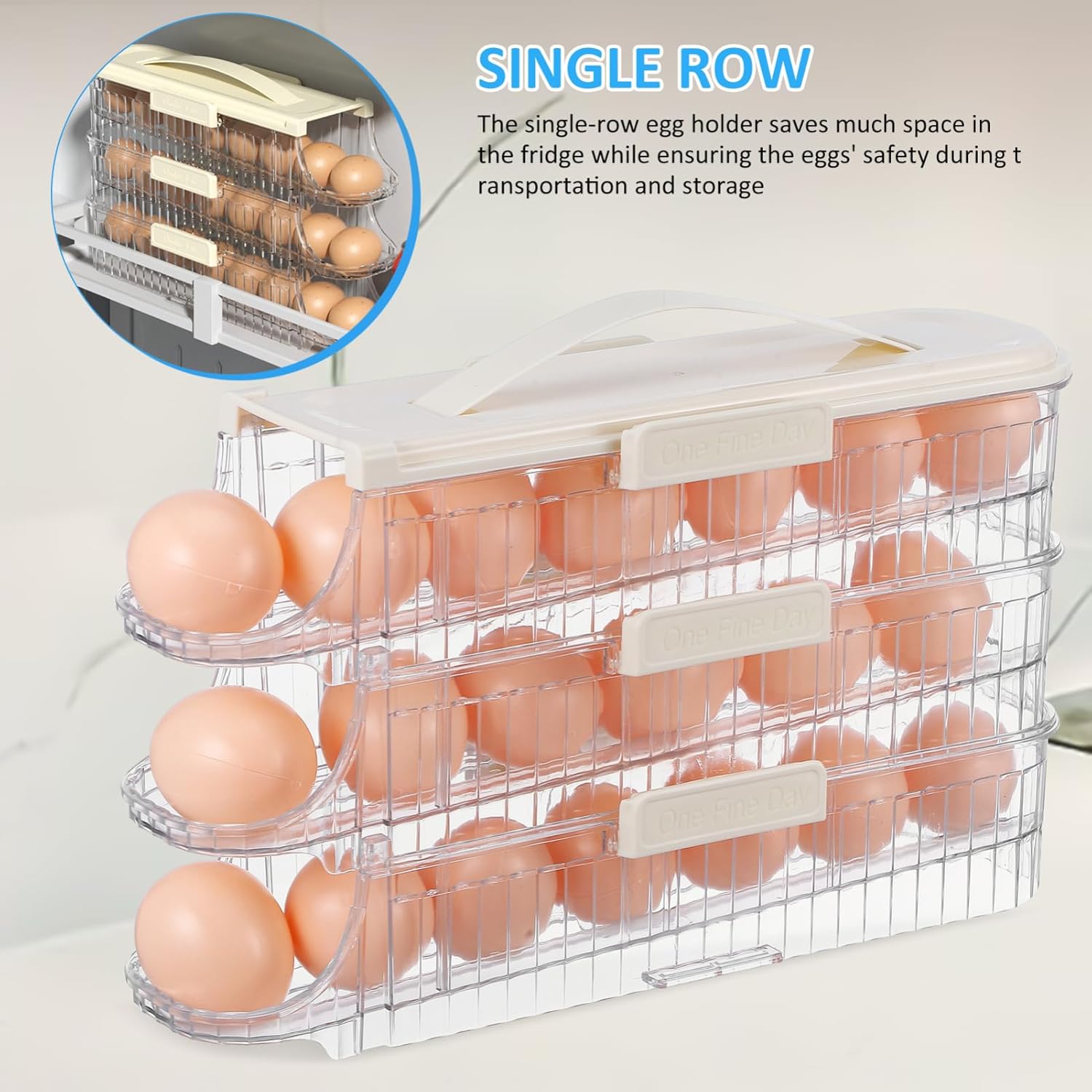 Triple Egg Organizer Rolling Egg Holder for Refrigerator Space Saving Egg Storage with Date Scale Neat and Tidy Egg Tray for Fridge Door Versatile Use for Home