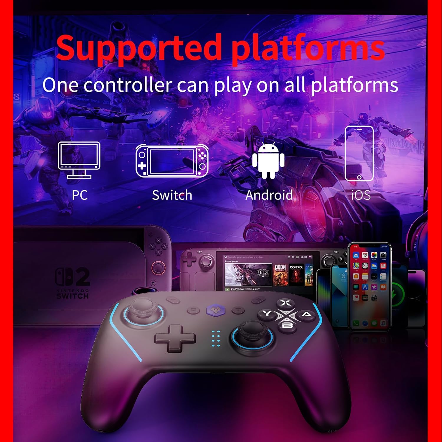 Image showing the NBCP X6 controller compatible with PC, Switch, Android, and iOS devices.