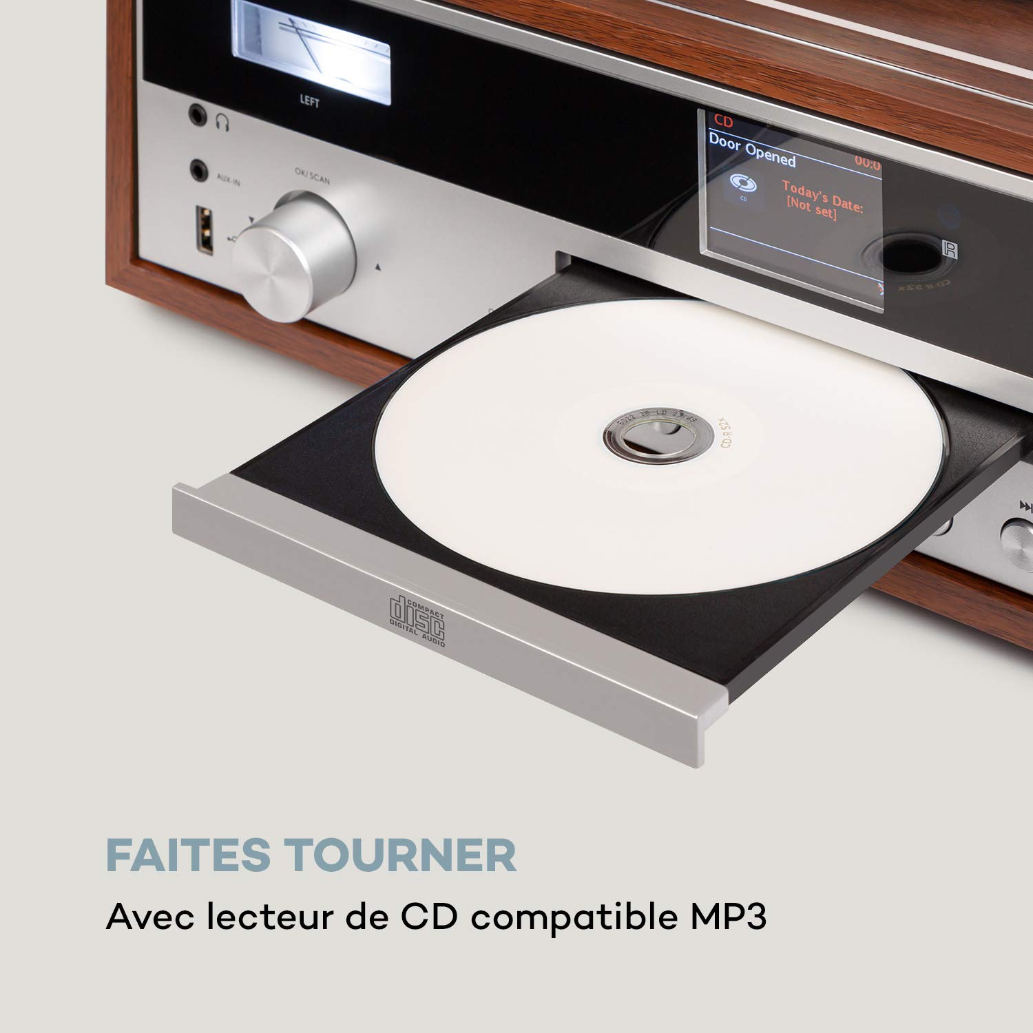 auna Birmingham chaîne Hi-FI stéréo :Tuner Radio Internet/Dab+/FM, 2 Haut-parleurs de 50W, Fonction Bluetooth, Platine, entraînement par Courroie 33 et 45 TR/Min, Lecteur CD, Port USB,Bois