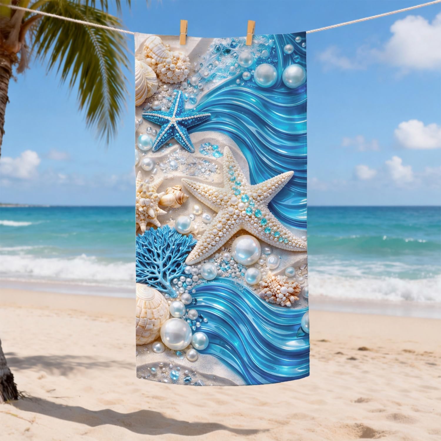 Ocean Waves Starfish Microfiber Beach Towel Blue Coastal Design Quick Dry Absorbent Soft Sand Free Lightweight Beach Blanket, Outdoor Travel Pool Vacation Essentials 31x62 Inch