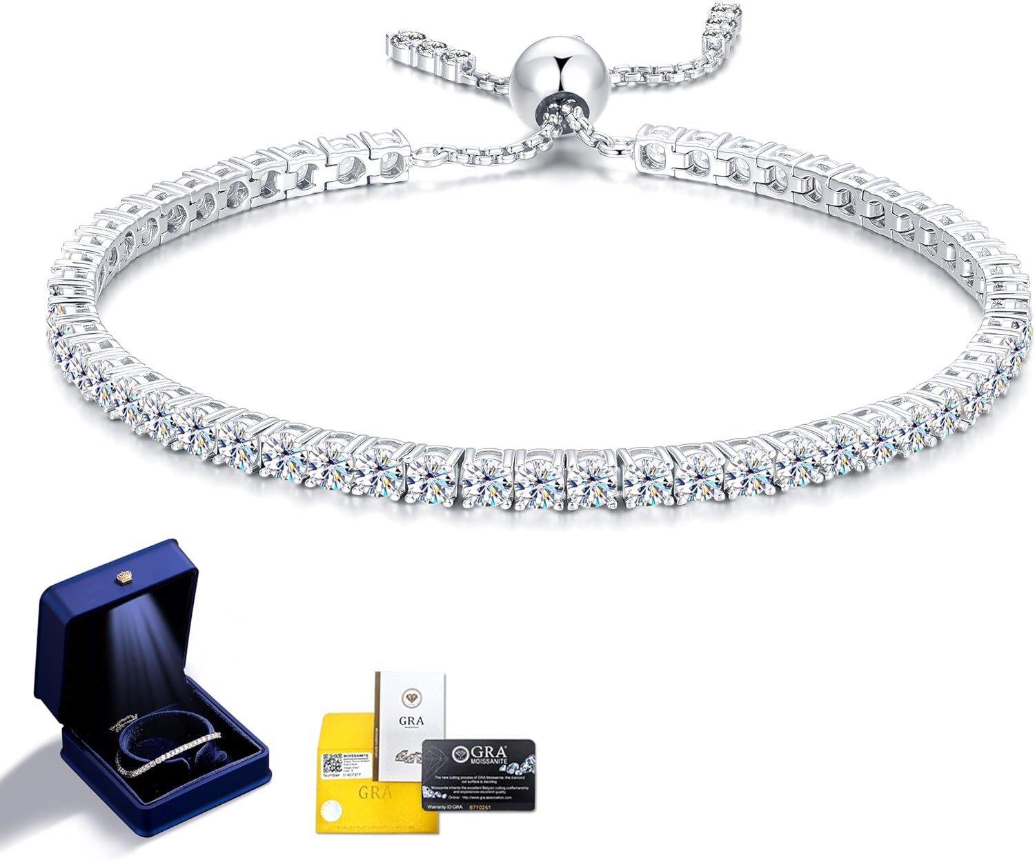 Moissanite Bracelets for Women 925 Sterling Silver with 18K White Gold Plated D Color VVS1 Clarity Luxury Bridal Wedding Gift for Wife Birthday Anniversary Jewelry Hypoallergenic with Certificate and Perfect Box