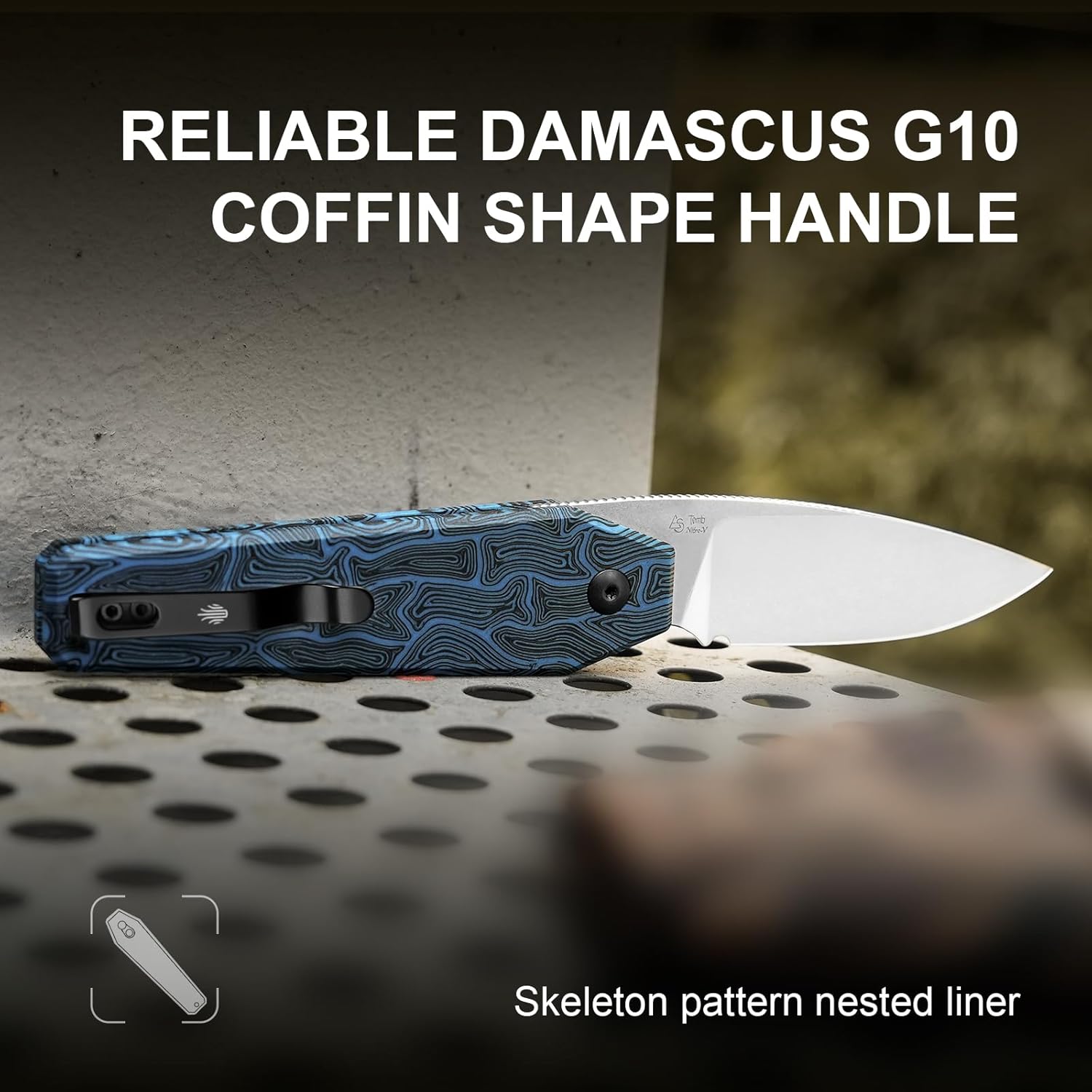 Kizer Tomb Pocket Knife, 3.21" Nitro-V Blade EDC Knife with Coffin Shape Blue+Black Damascus G10 Handle, Front Flipper Hunting Knives for Men Women, Camping Folding Knives with Button Lock, V3692A3