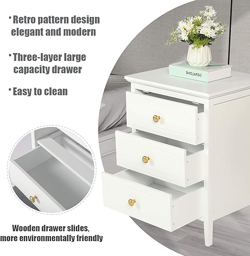 Miniatura 5 de YIGOBUY Mesita de noche blanca para dormitorio con 3 cajones, mesa auxiliar para dormitorio, sala de estar, armario de madera de almacenamiento,
