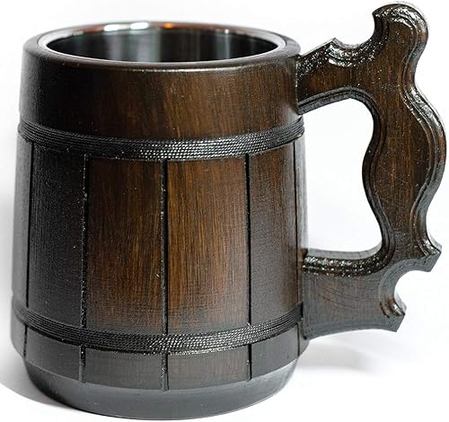 Taza de cerveza hecha a mano de madera de roble de acero inoxidable (20 onzas). Recuerdo ecológico hecho a mano marrón retro. Accesorios de bar