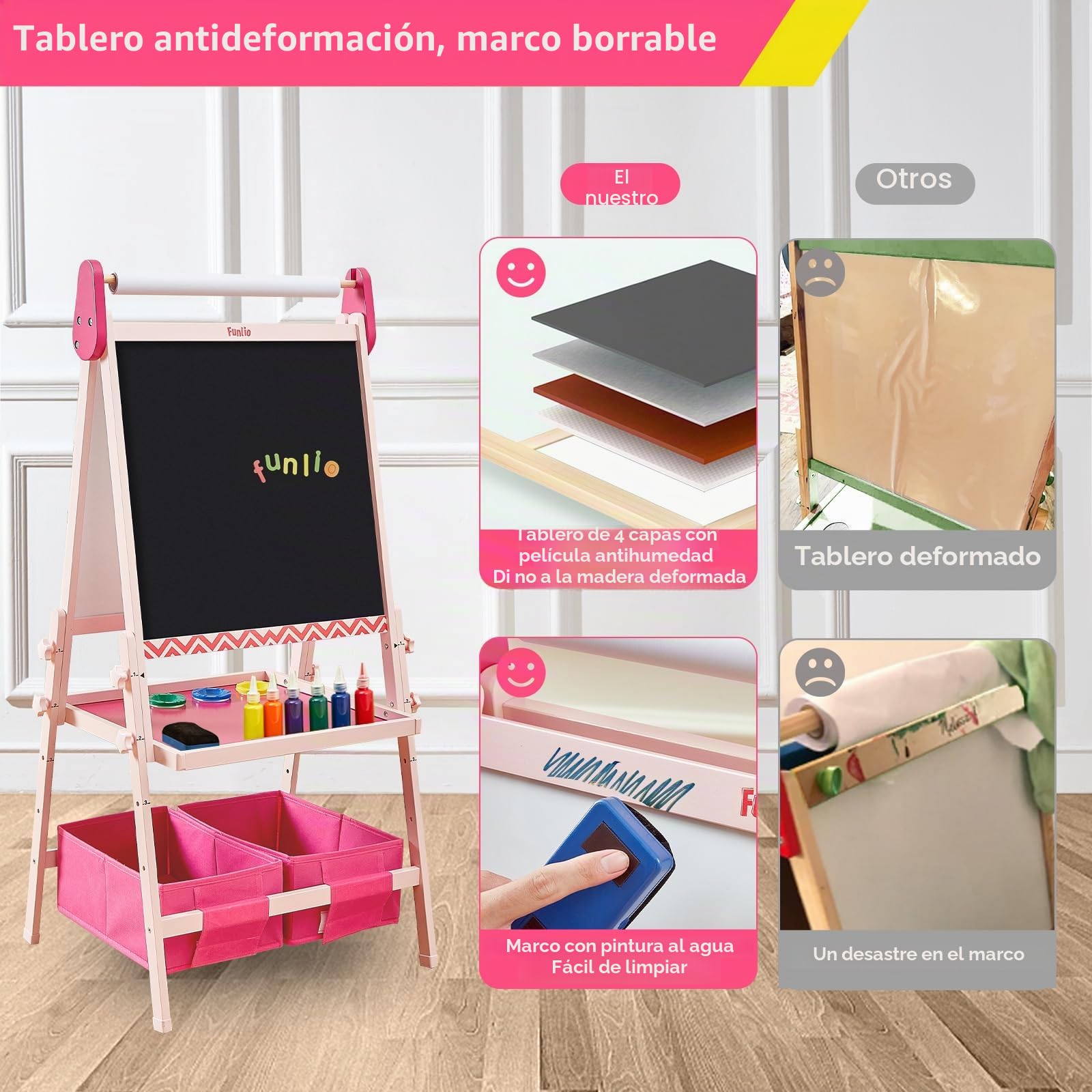 FUNLIO Caballete de Arte para Niños de 3 a 8 años, Tablero Antideformación, pizarra infantil con Pizarra Magnética/Blanca, 3 Altura Ajustable, Todo en Uno con Rollo de Papel - Rosa