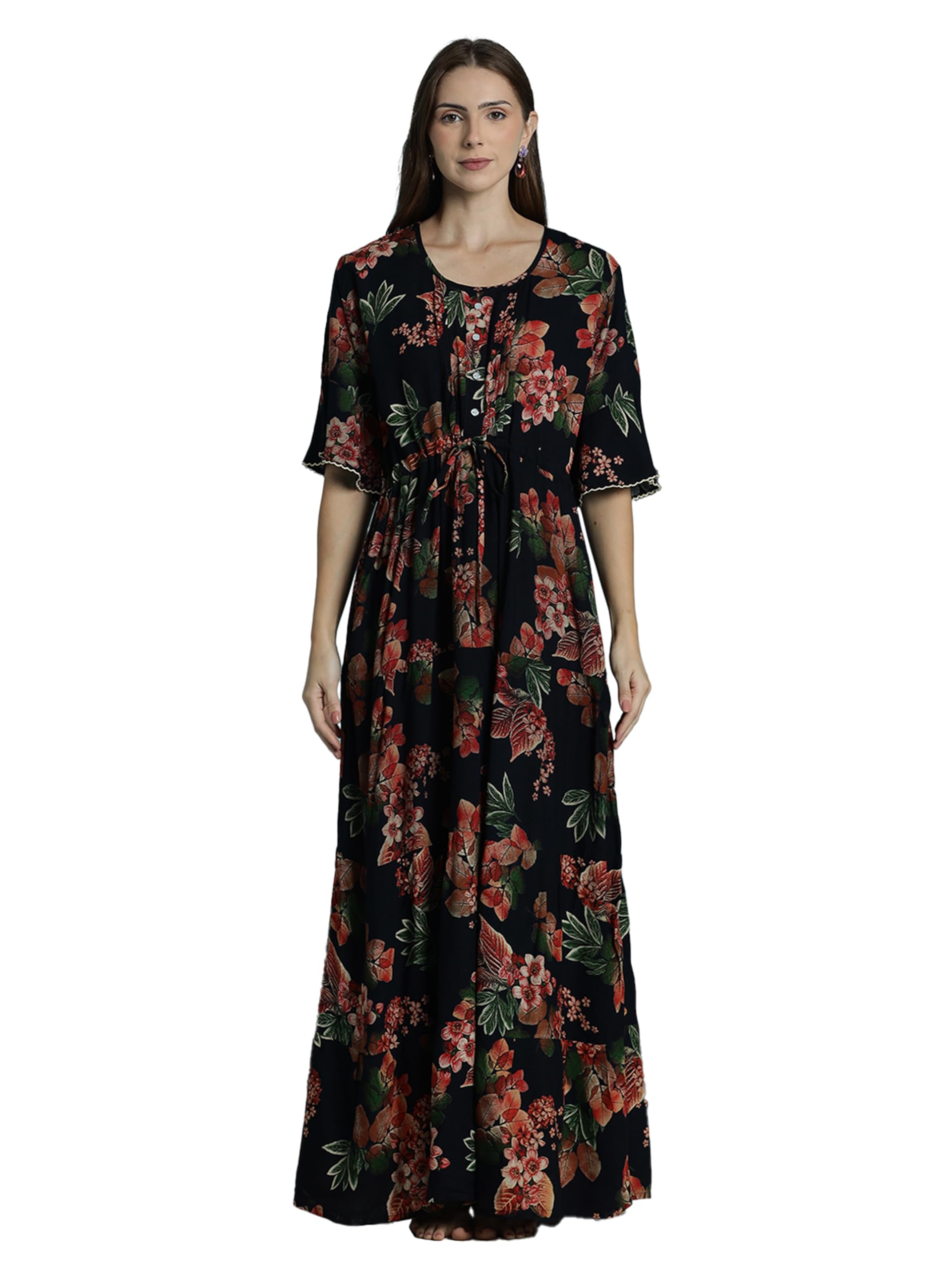 9shines label Women’s Stylish Floral Rayon Frock Nighty | All-Over Print |Round Neck with Decorative Buttons & Waist Drawstring| Nightgown for Women|Printed Maxi Night Gown(Rayon Frock Style)-picture-31