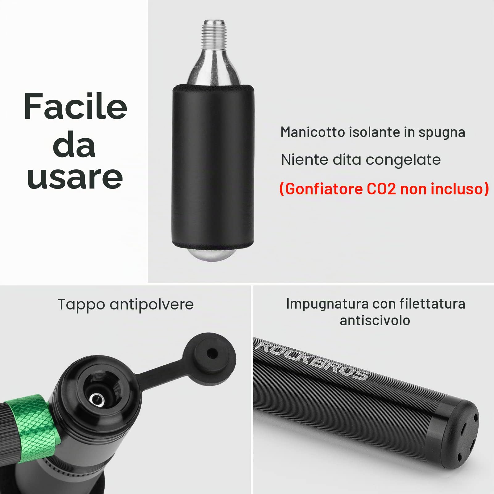 ROCKBROS Pompa per Bicicletta - Mini Pompa in Alluminio 110 PSI - ad Alta Pressione per Valvole Presta e Schrader - con una Cartuccia di CO2