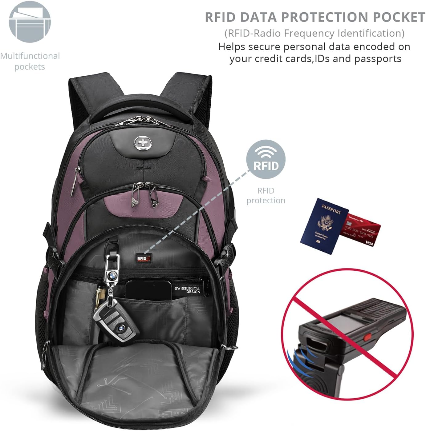 Swissdigital Design Laptop Backpack with USB Charging Port, Travel Backpack Fits 15.6 inches Computer, 31L College School Backpack for Women, Light Purple/Black | SD803-85 - Image 5