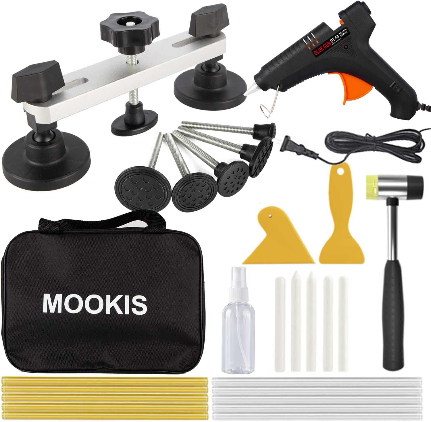 Mookis Dent Puller Kit 27PCS Auto Body Dent Removal Kit Car Dent Repair Kit with Bridge Puller, 100W Glue Gun and Portable Bag for Door Ding, Minor Dent