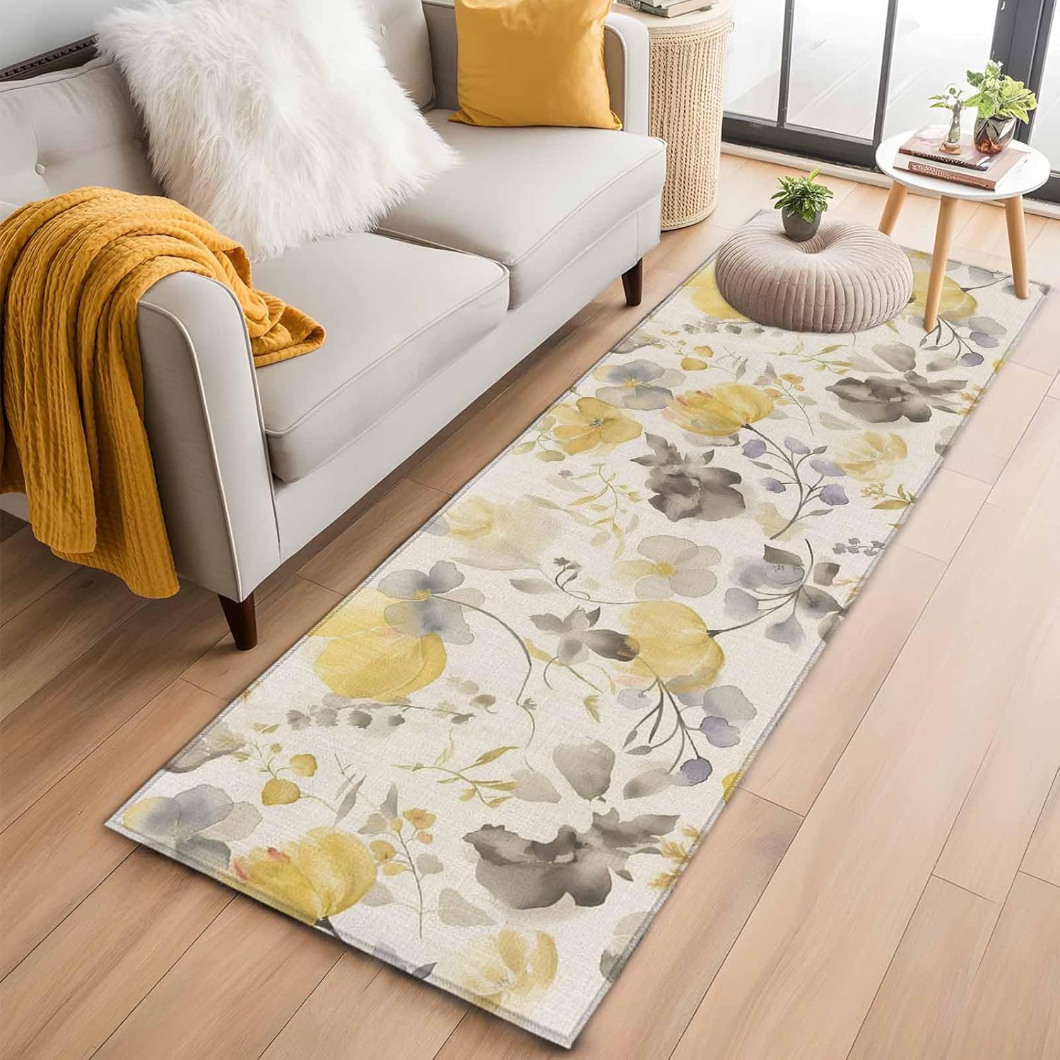 Yellow Gray Floral Runner Rug 2x6 Washable Kitchen Rug Non-Slip Lightweight Thin Soft Bathroom Runner Botanical Watercolor Plants Flowers Texture Beige Carpet for Hallway Laundry Room Bedroom Entryway
